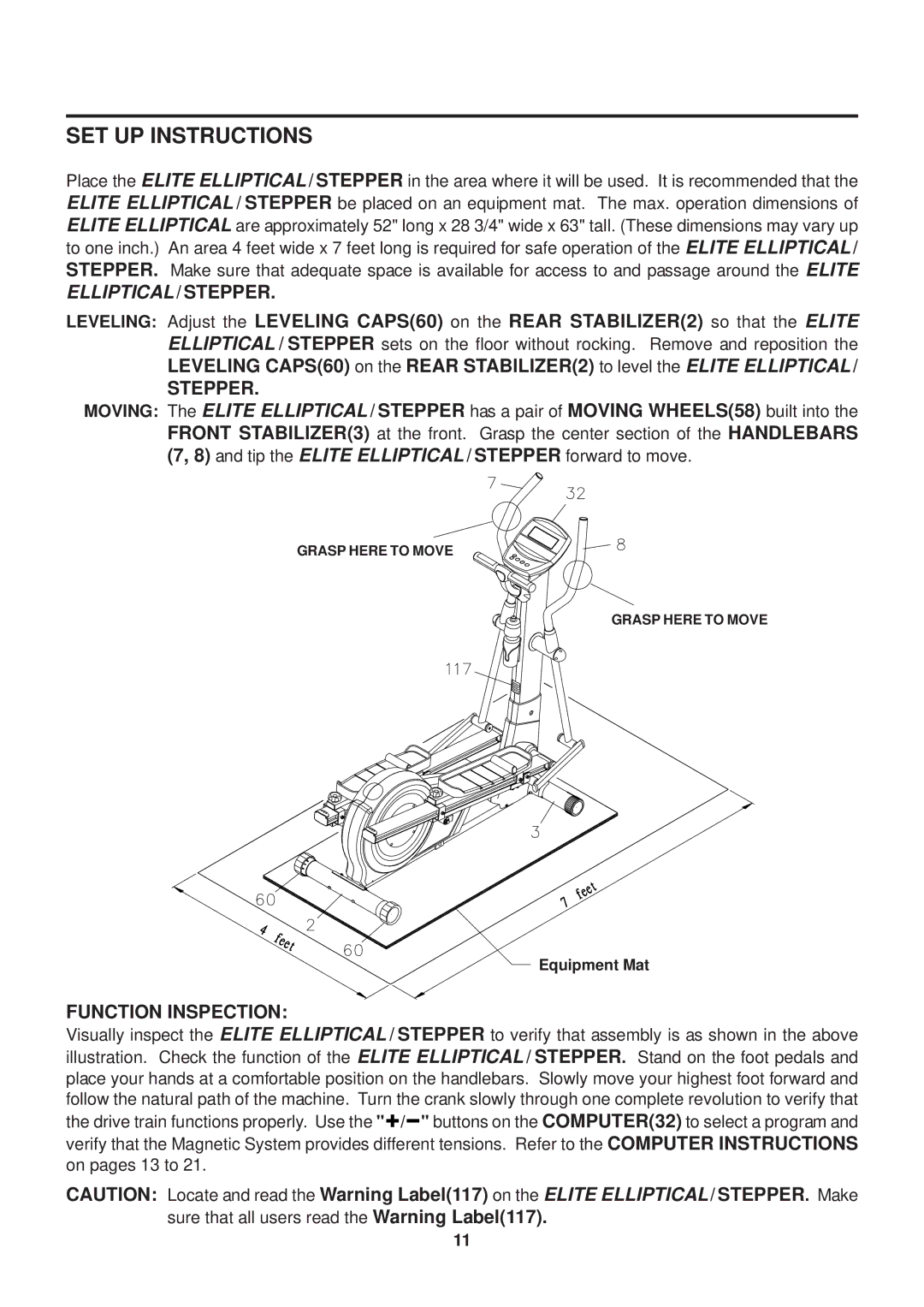 Stamina Products 55-2065 owner manual SET UP Instructions, Stepper, Function Inspection 