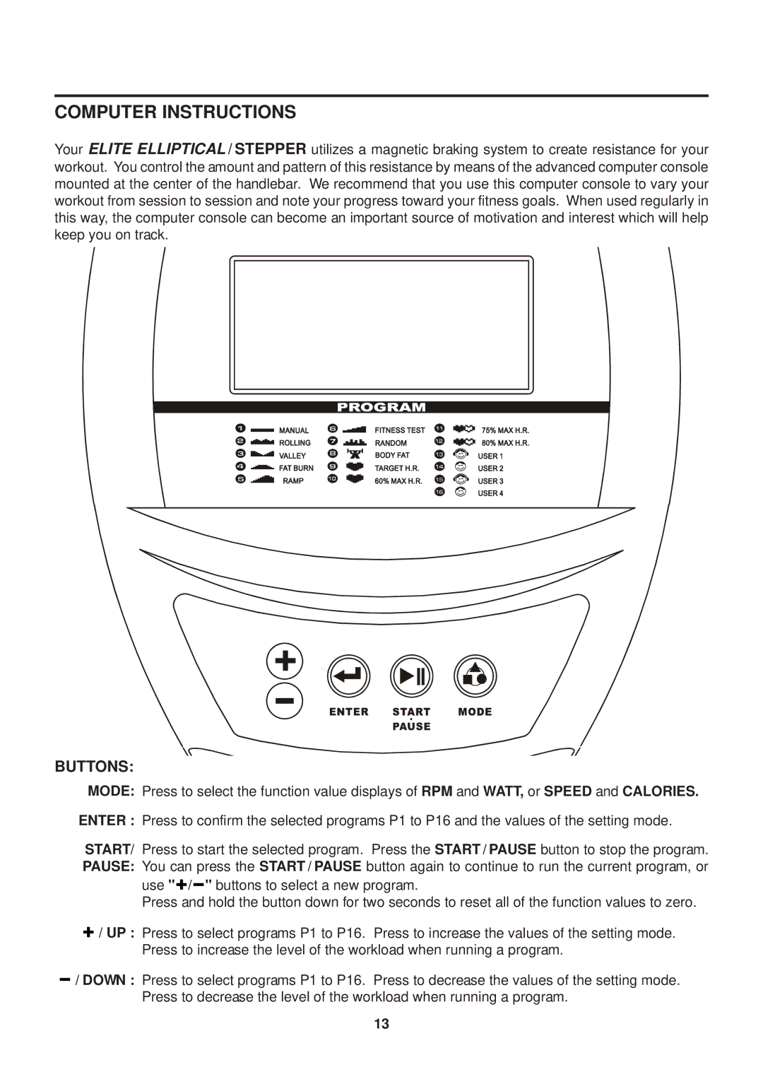 Stamina Products 55-2065 owner manual Computer Instructions, Buttons 