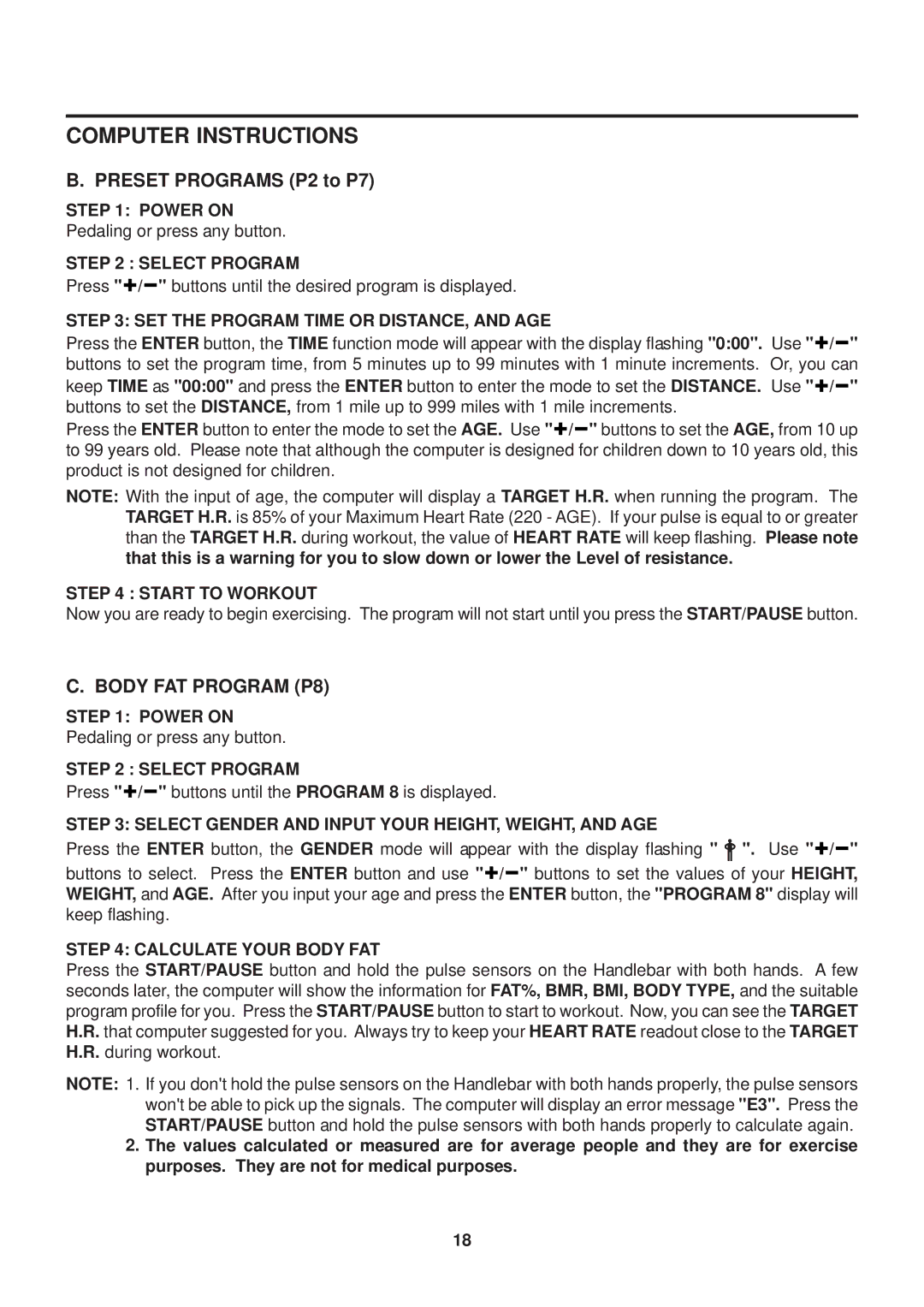 Stamina Products 55-2065 owner manual Preset Programs P2 to P7, Body FAT Program P8 