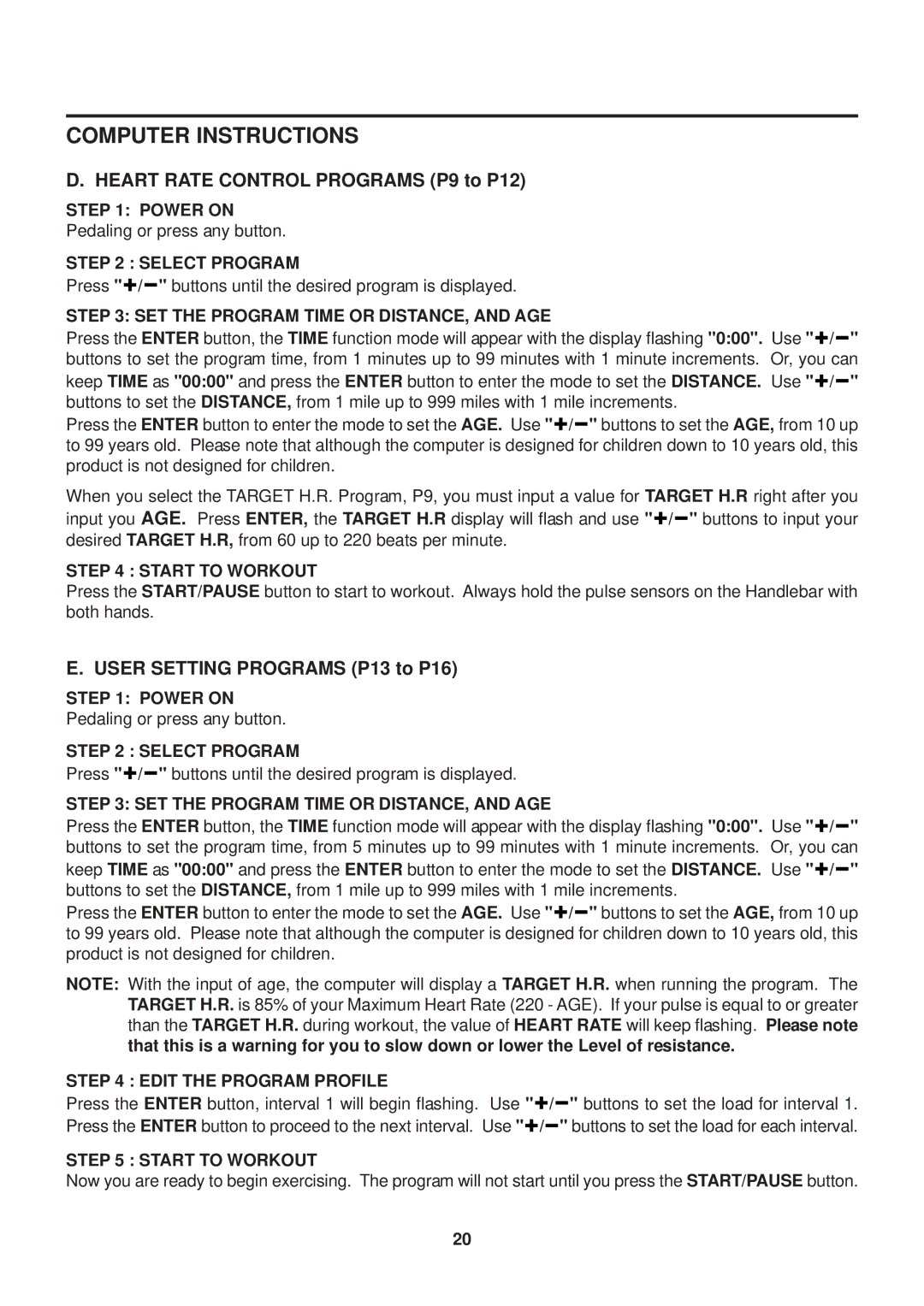 Stamina Products 55-2065 owner manual Heart Rate Control Programs P9 to P12, User Setting Programs P13 to P16 