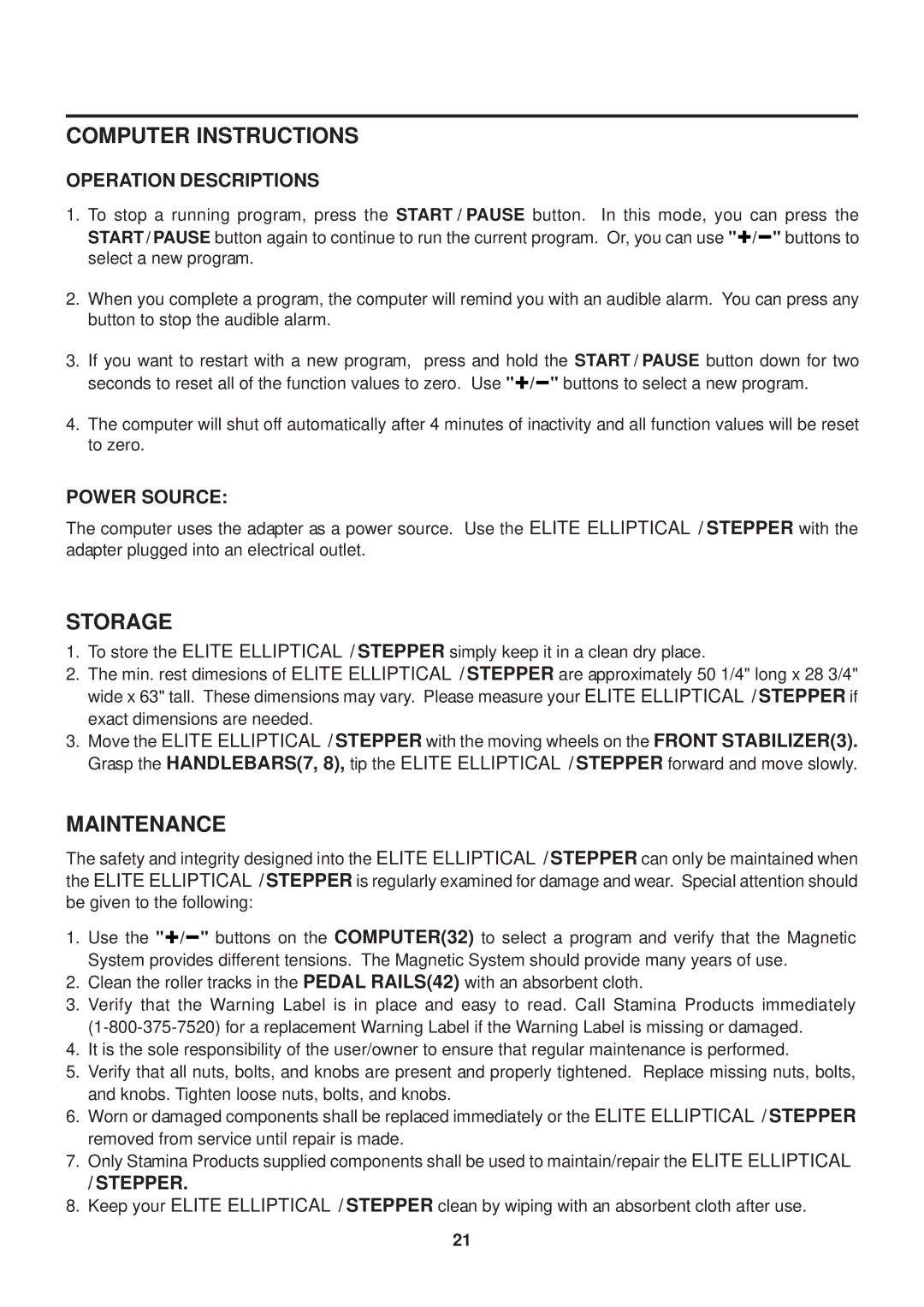 Stamina Products 55-2065 owner manual Storage, Maintenance, Operation Descriptions, Power Source 