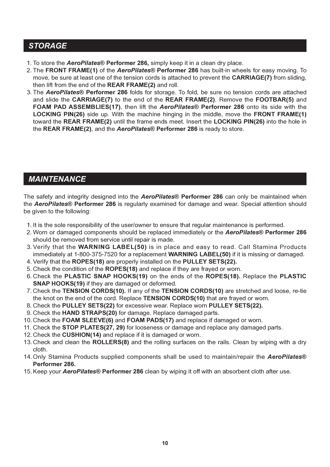 Stamina Products 55-4286 owner manual Storage, Maintenance 