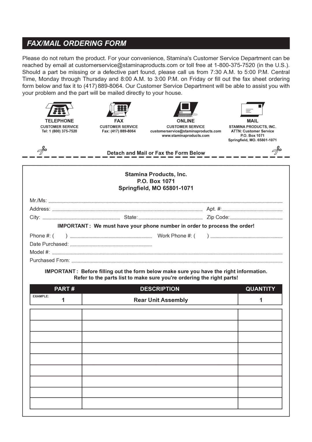 Stamina Products 55-4286 owner manual FAX/MAIL Ordering Form, Stamina Products, Inc Box Springfield, MO 