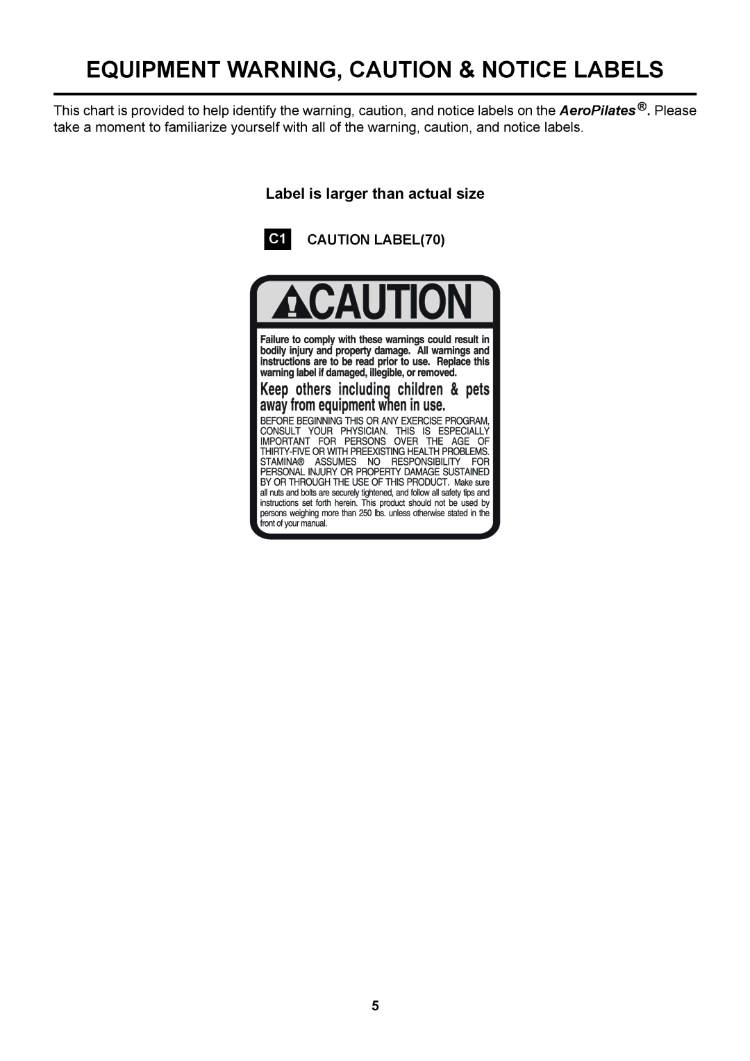 Stamina Products 55-4650D owner manual Equipment WARNING, Caution & Notice Labels 