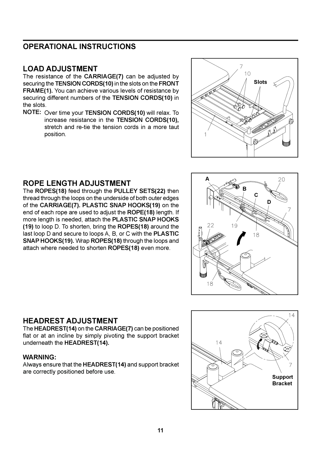 Stamina Products 55-4700A Operational Instructions Load Adjustment, Rope Length Adjustment, Headrest Adjustment 