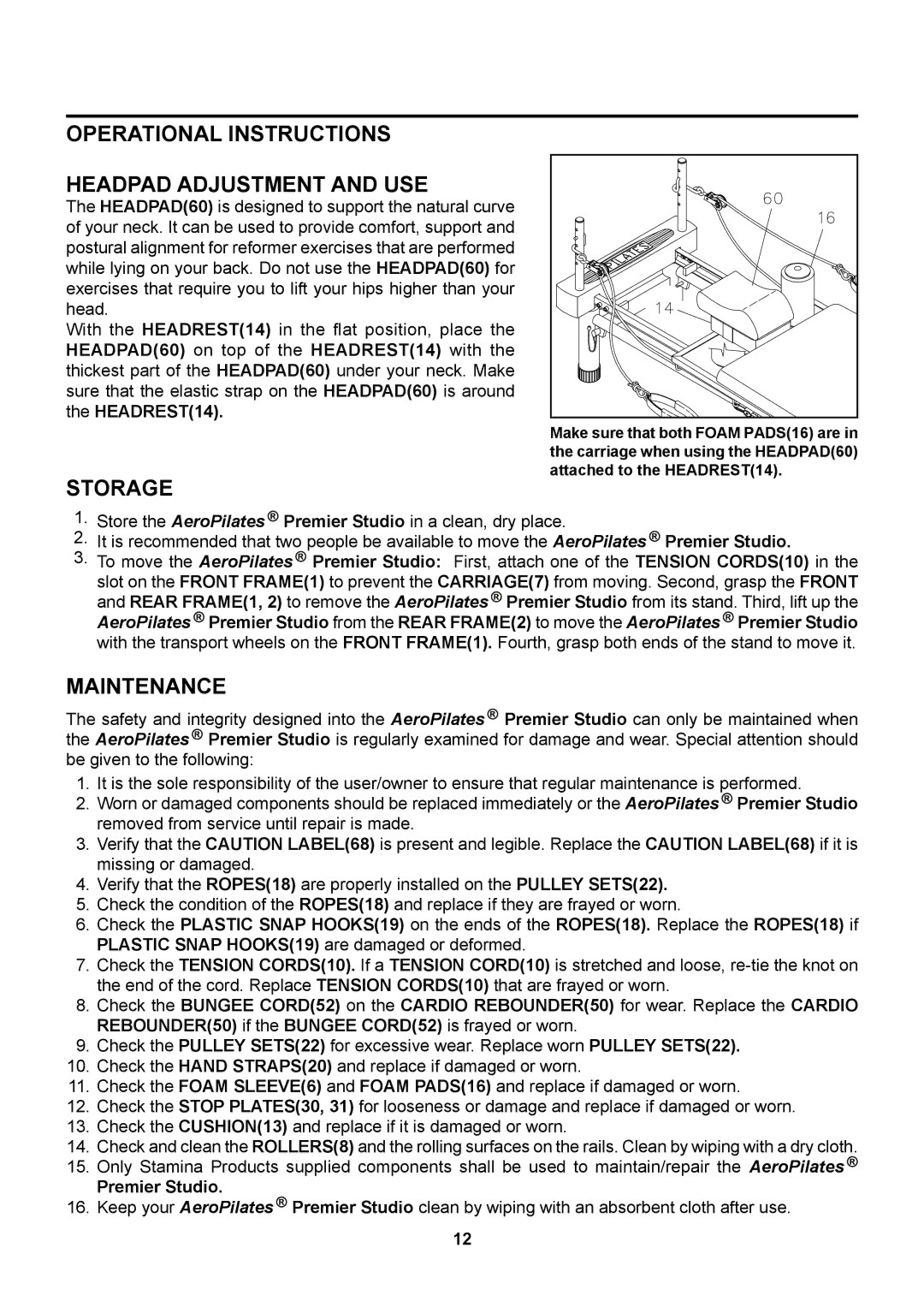 Stamina Products 55-4700A owner manual Operational Instructions Headpad Adjustment and USE, Storage, Maintenance 