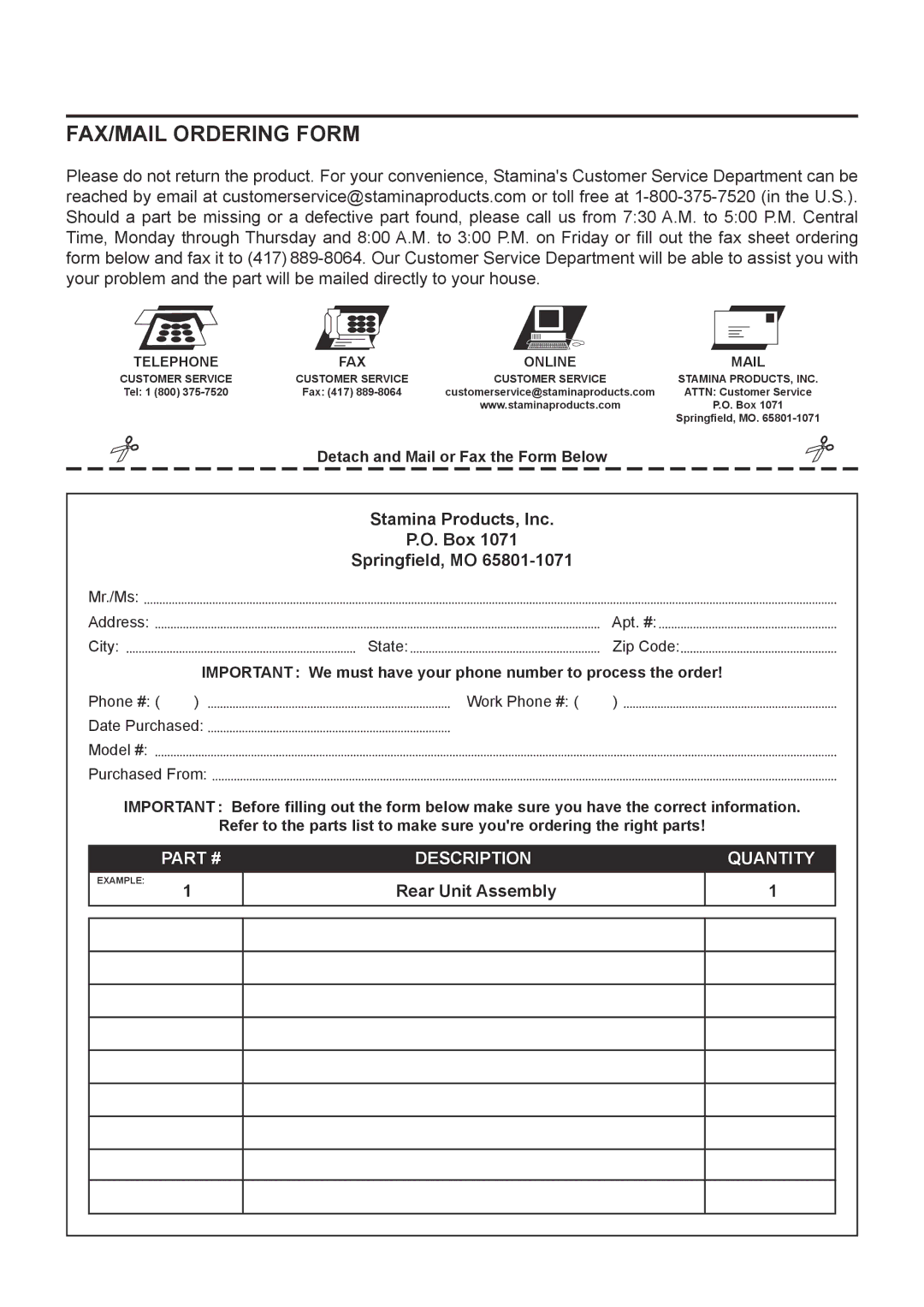 Stamina Products 55-4700A owner manual FAX/MAIL Ordering Form, Stamina Products, Inc Box Springfield, MO 