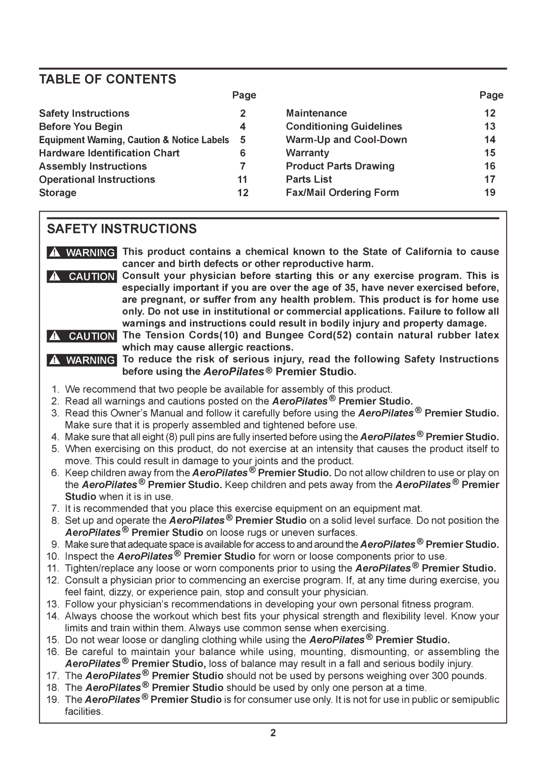 Stamina Products 55-4700A owner manual Table of Contents, Safety Instructions 