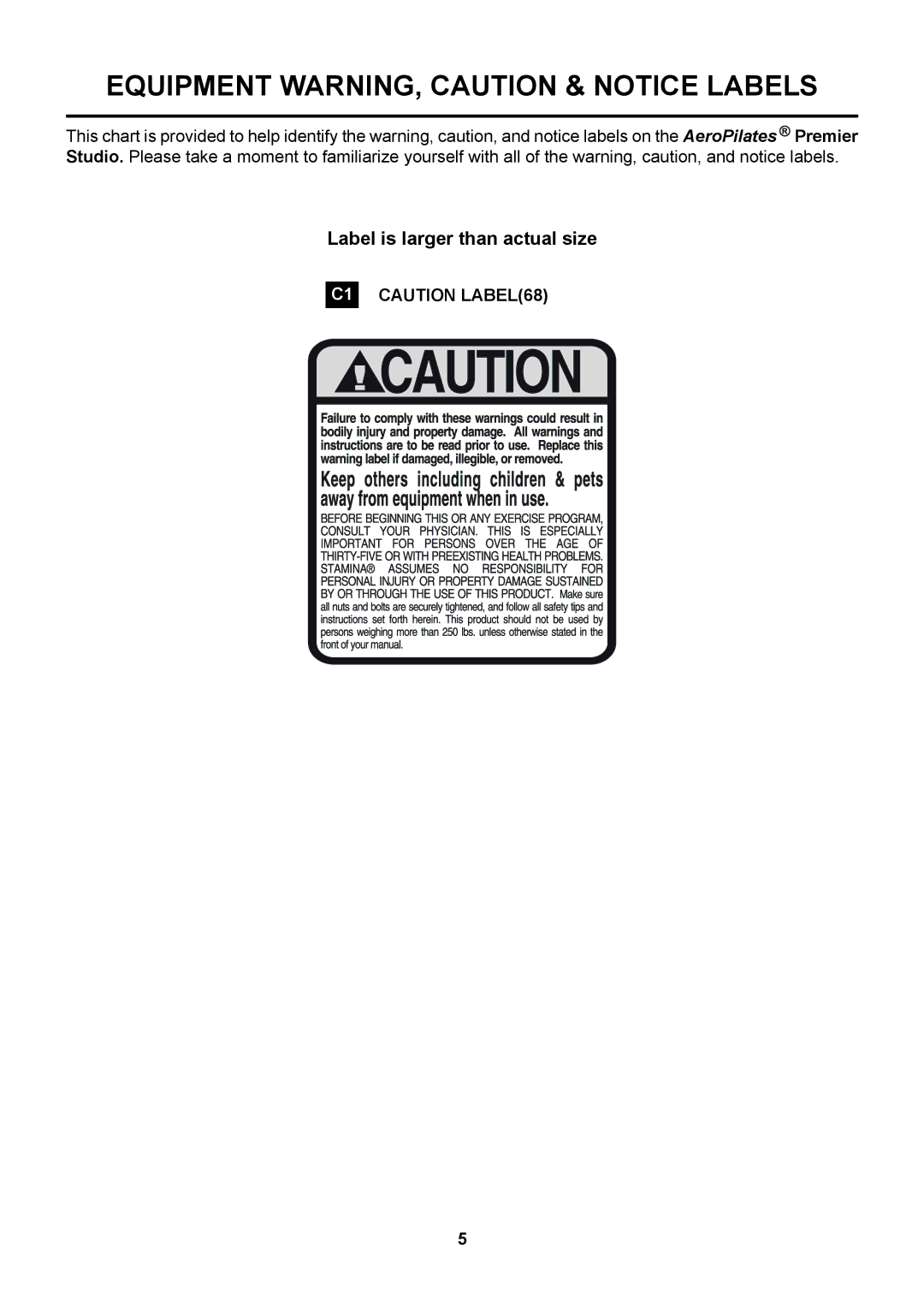 Stamina Products 55-4700A owner manual Equipment WARNING, Caution & Notice Labels 