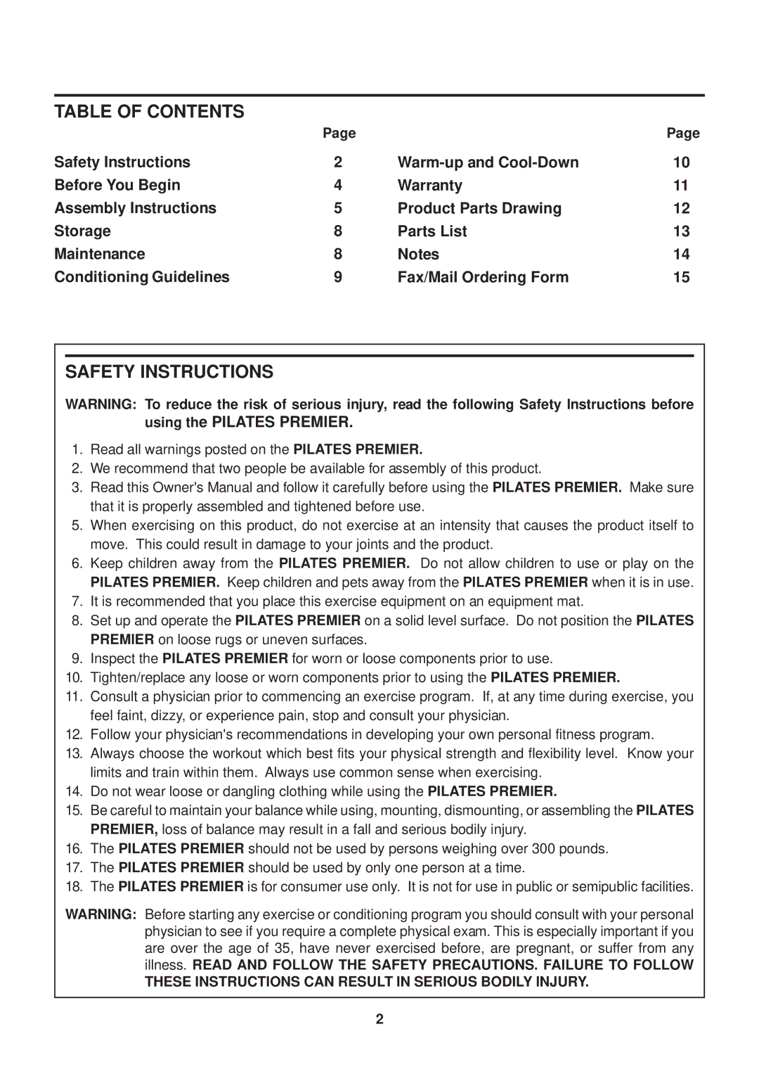 Stamina Products 55-5510 owner manual Table of Contents, Safety Instructions 