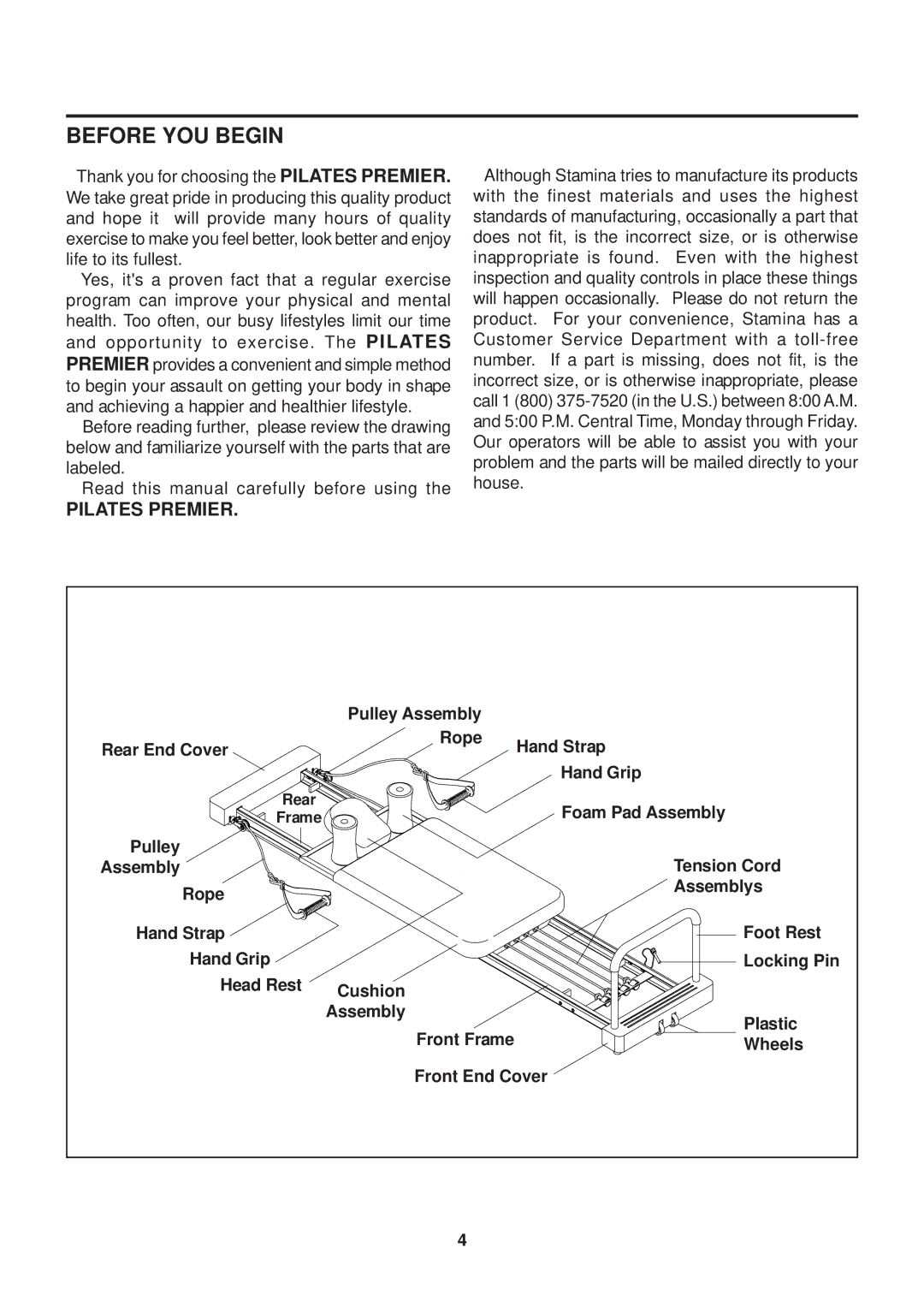 Stamina Products 55-5510 owner manual Before YOU Begin, Pilates Premier 