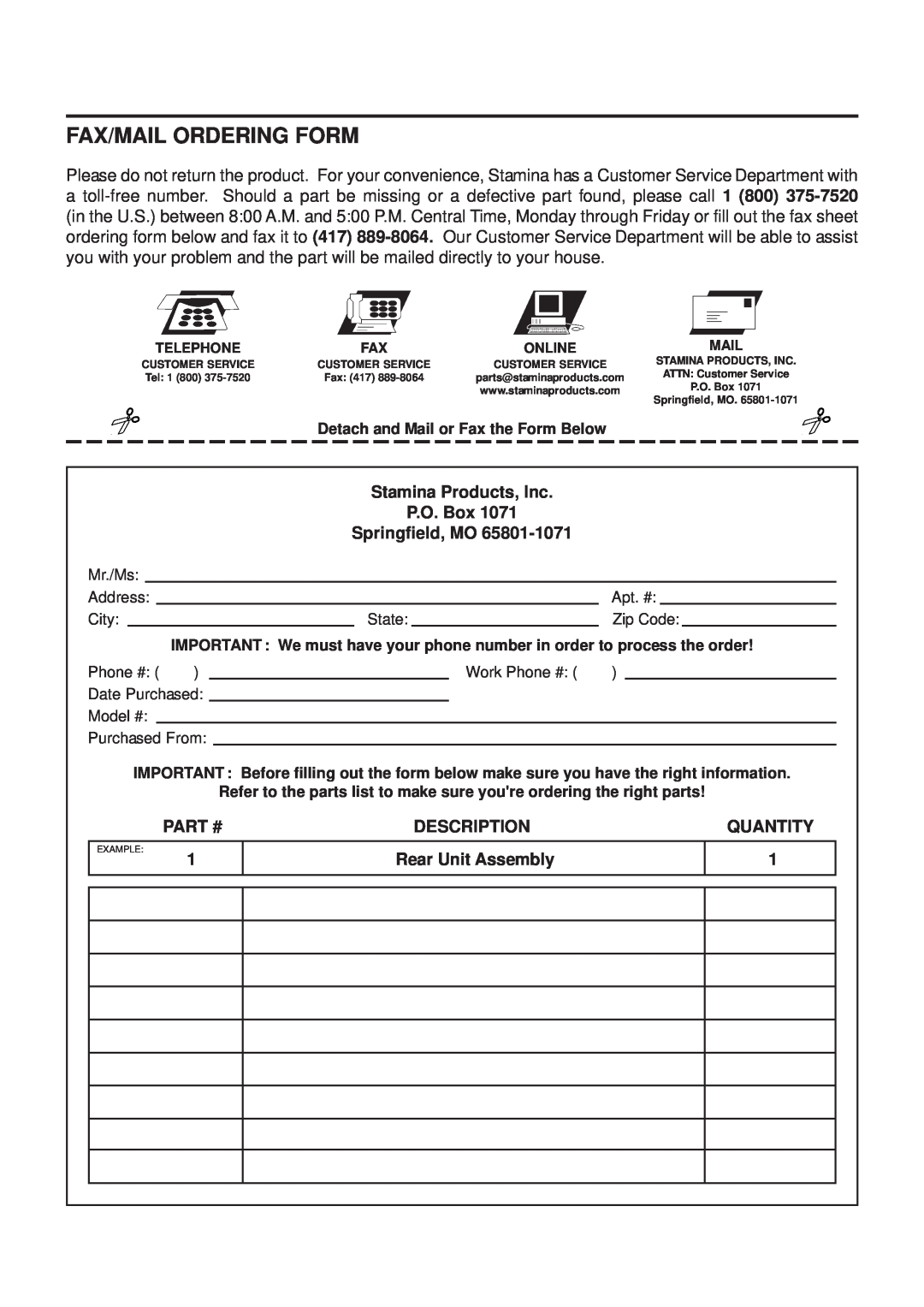 Stamina Products 55-5510 owner manual Fax/Mail Ordering Form, Stamina Products, Inc P.O. Box Springfield, MO, Description 
