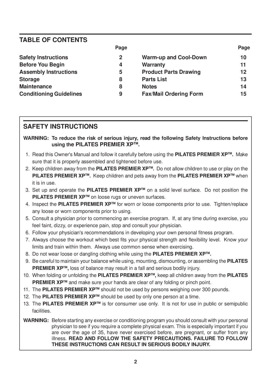 Stamina Products 55-5510C owner manual Table of Contents, Safety Instructions 