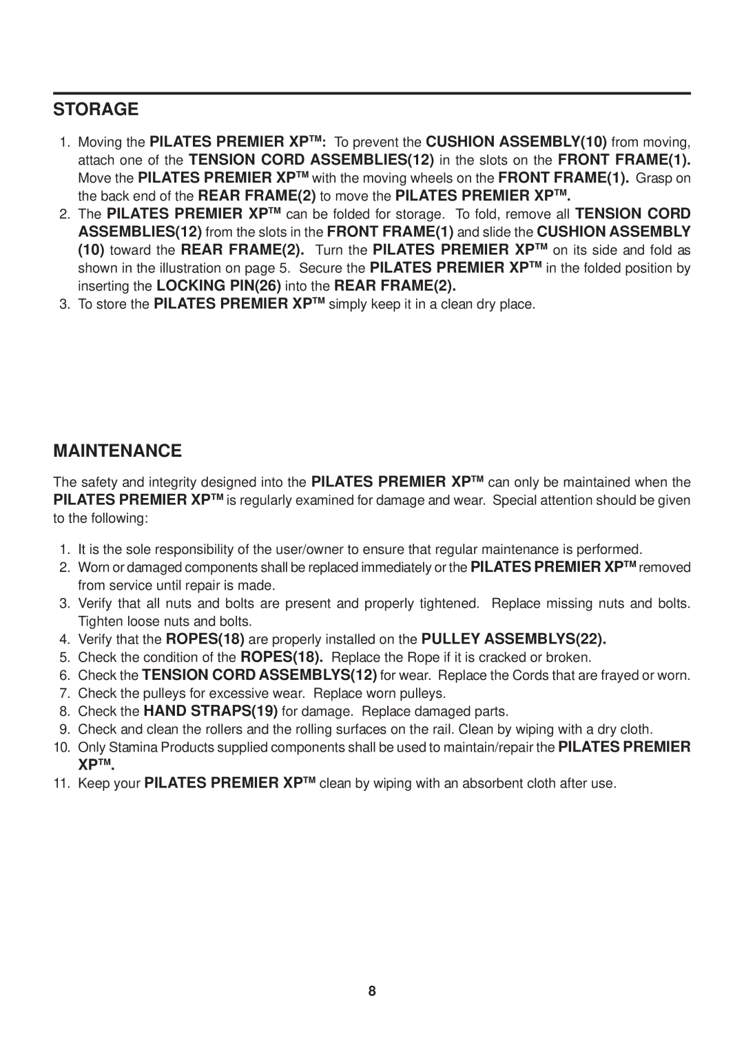 Stamina Products 55-5510C owner manual Storage, Maintenance 