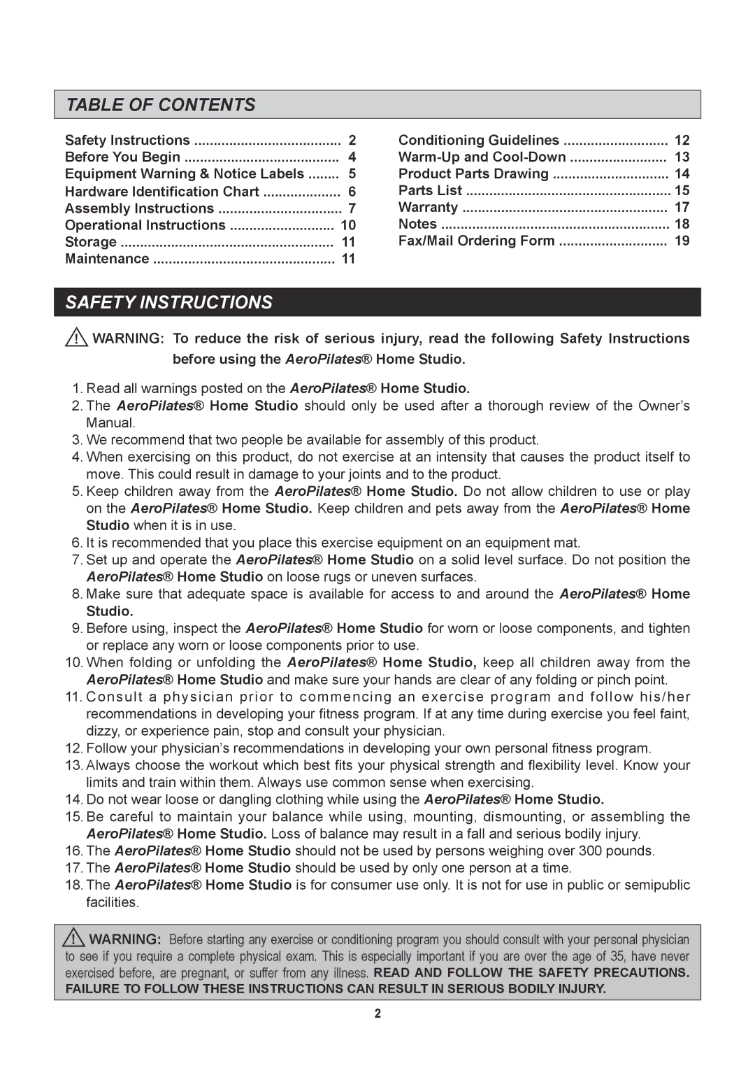 Stamina Products 55-5516 owner manual Table of Contents, Safety Instructions 