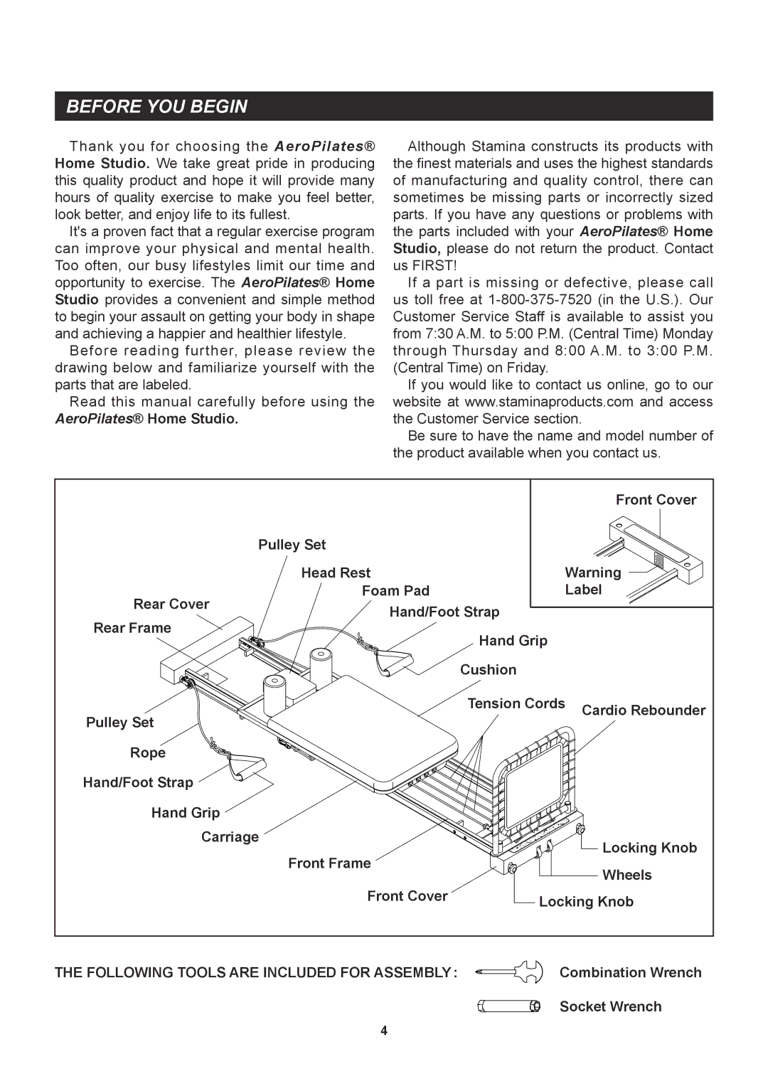 Stamina Products 55-5516 Before YOU Begin, AeroPilates Home Studio, Front Cover, Combination Wrench Socket Wrench 