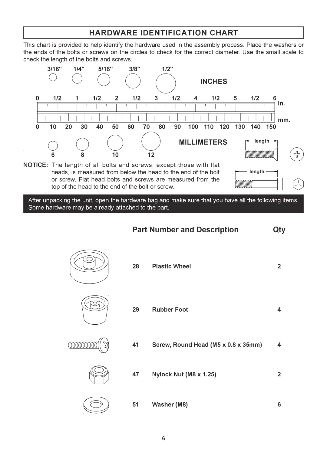 Stamina Products 55-5516 owner manual Hardware Identification Chart, 100 110 120 130 140 150 