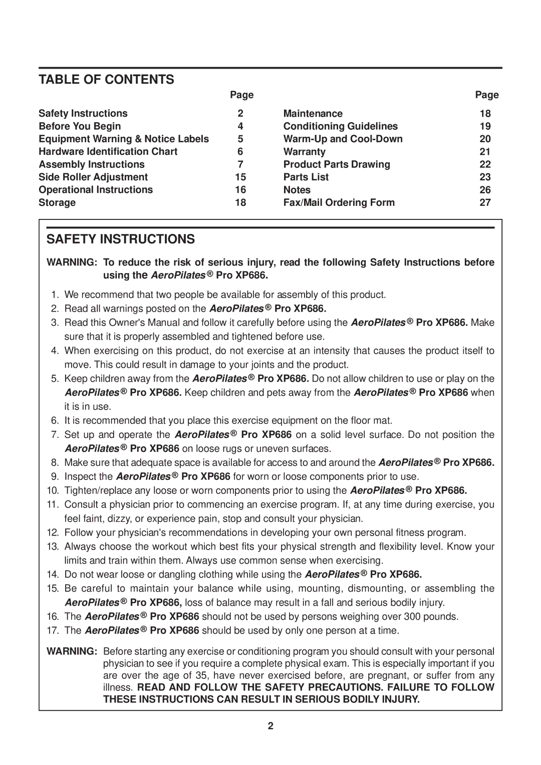 Stamina Products 55-5686B owner manual Table of Contents, Safety Instructions 