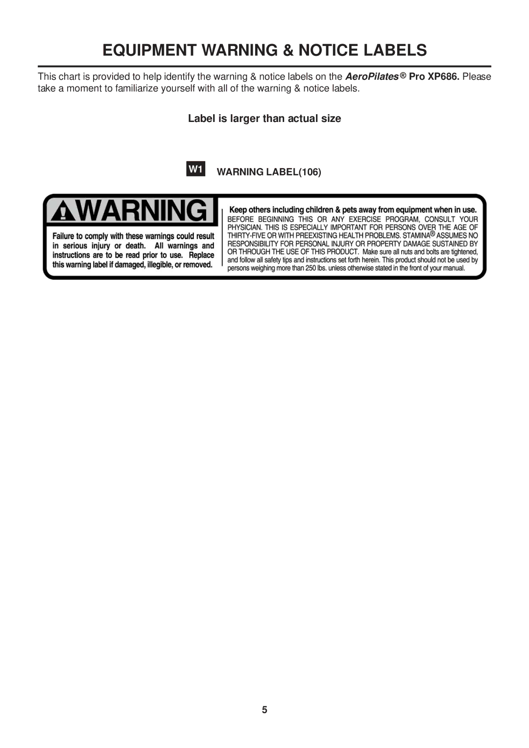 Stamina Products 55-5686B owner manual Equipment Warning & Notice Labels 