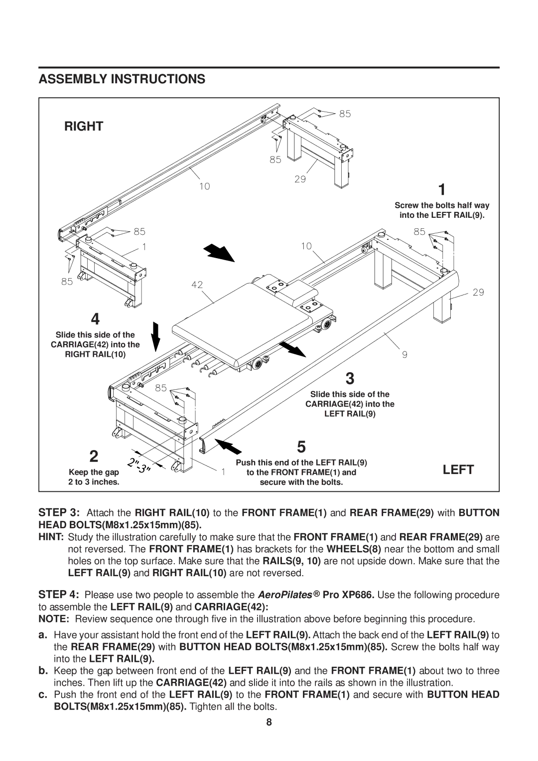 Stamina Products 55-5686B owner manual Assembly Instructions Right, Right RAIL10 