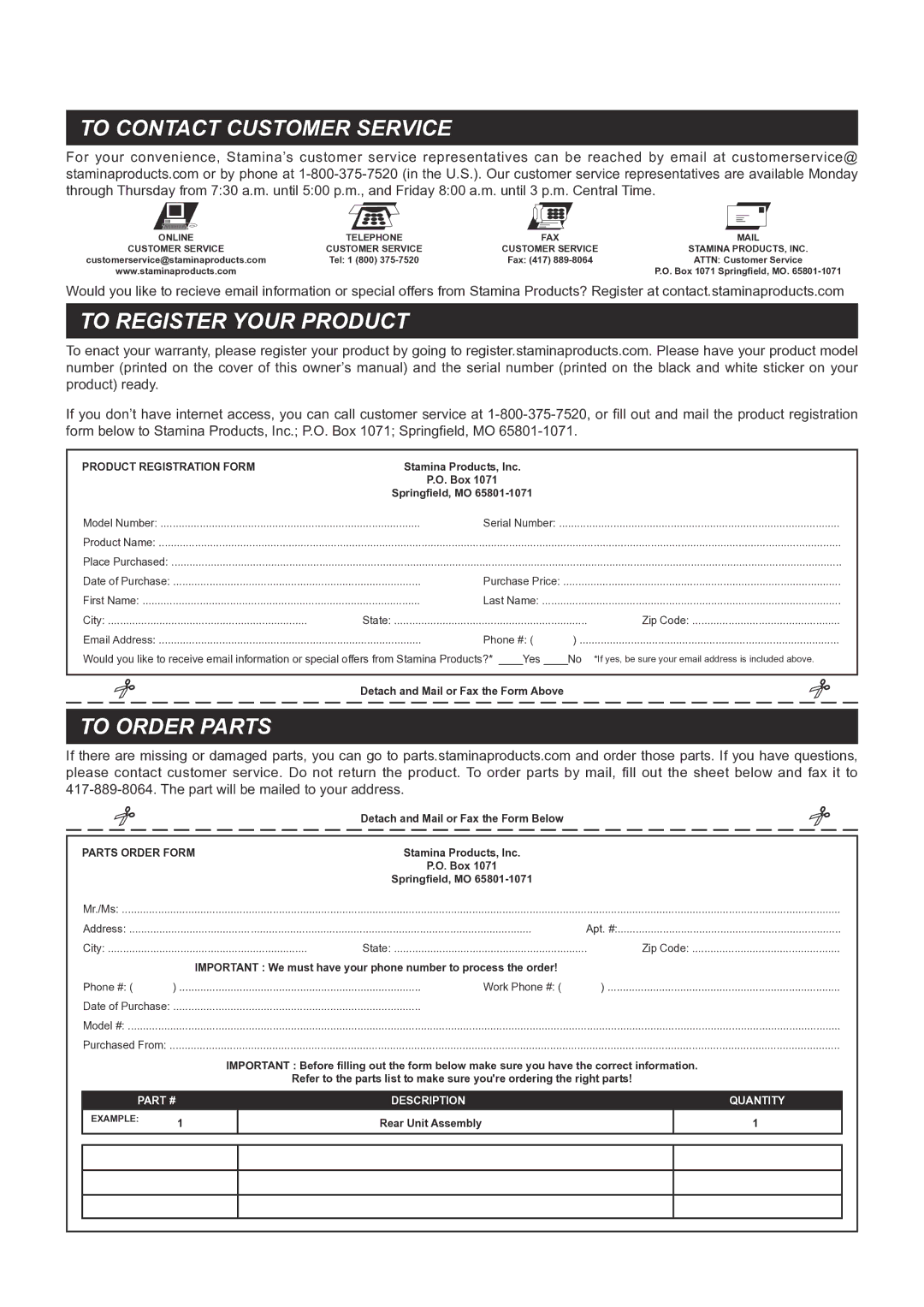 Stamina Products 65-1380 owner manual To Contact Customer Service, To Register Your Product, To Order Parts 