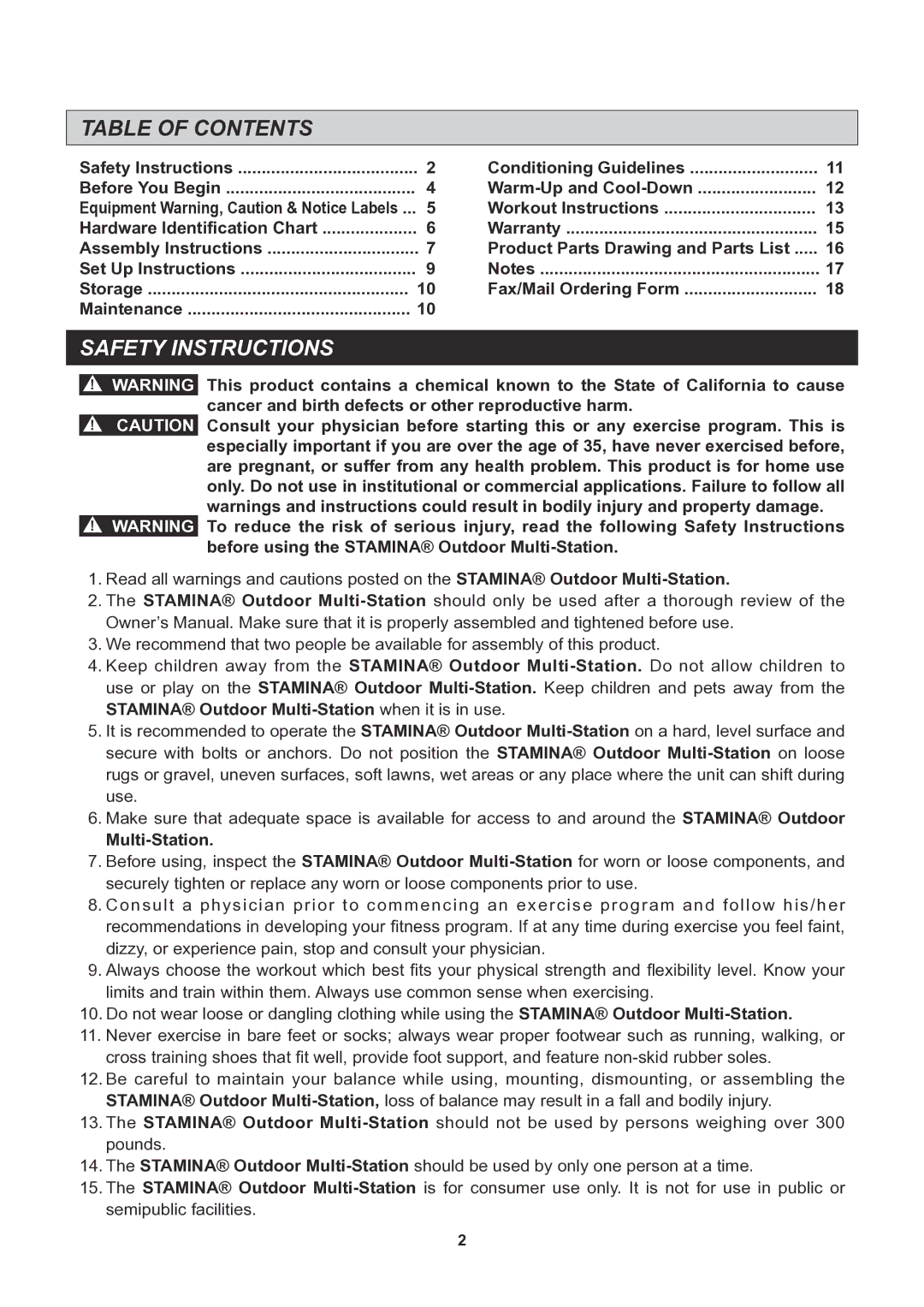 Stamina Products 65-1380 owner manual Table of Contents, Safety Instructions 