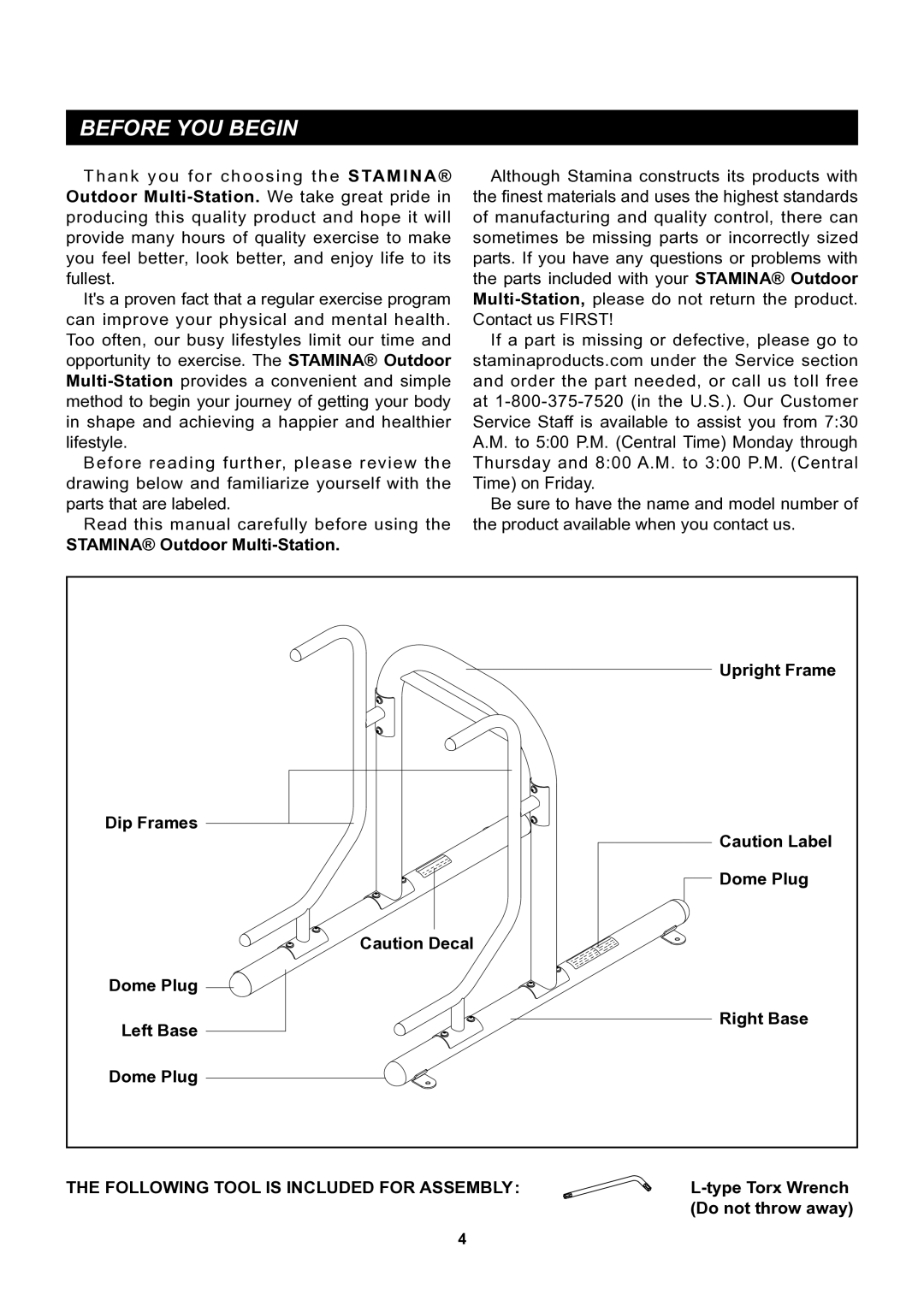 Stamina Products 65-1380 owner manual Before YOU Begin, Stamina Outdoor Multi-Station 