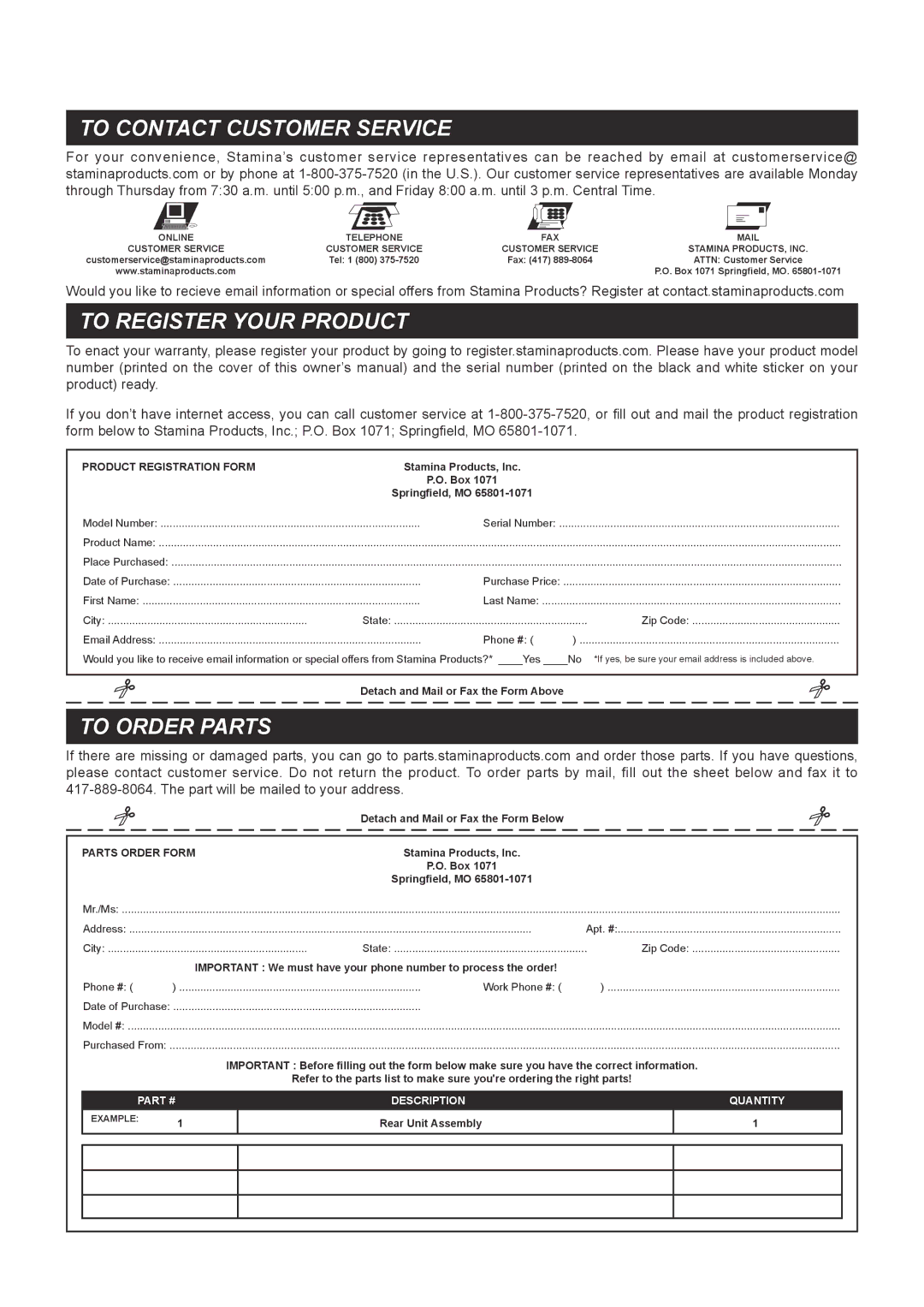 Stamina Products 65-1770 owner manual To Contact Customer Service, To Register Your Product, To Order Parts 