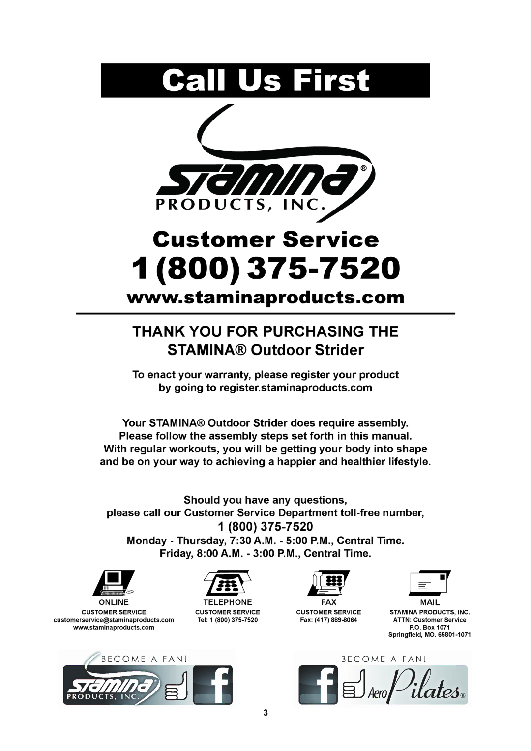 Stamina Products 65-1770 owner manual Call Us First 