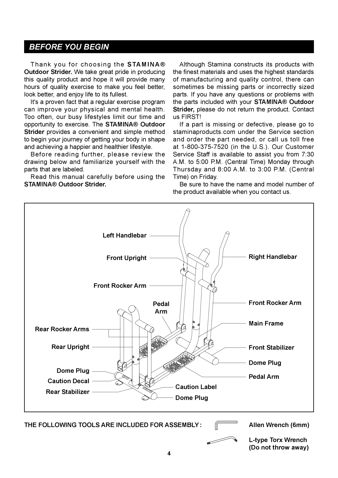 Stamina Products 65-1770 owner manual Before YOU Begin, Stamina Outdoor Strider 