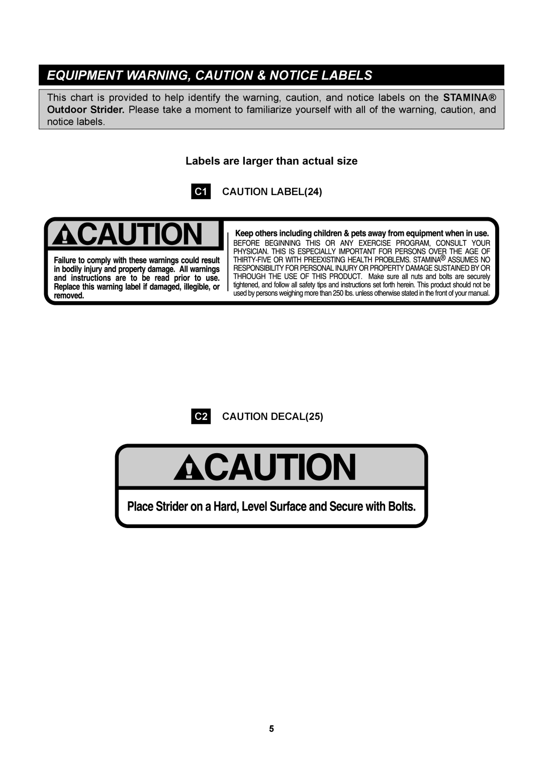 Stamina Products 65-1770 owner manual Equipment WARNING, Caution & Notice Labels 