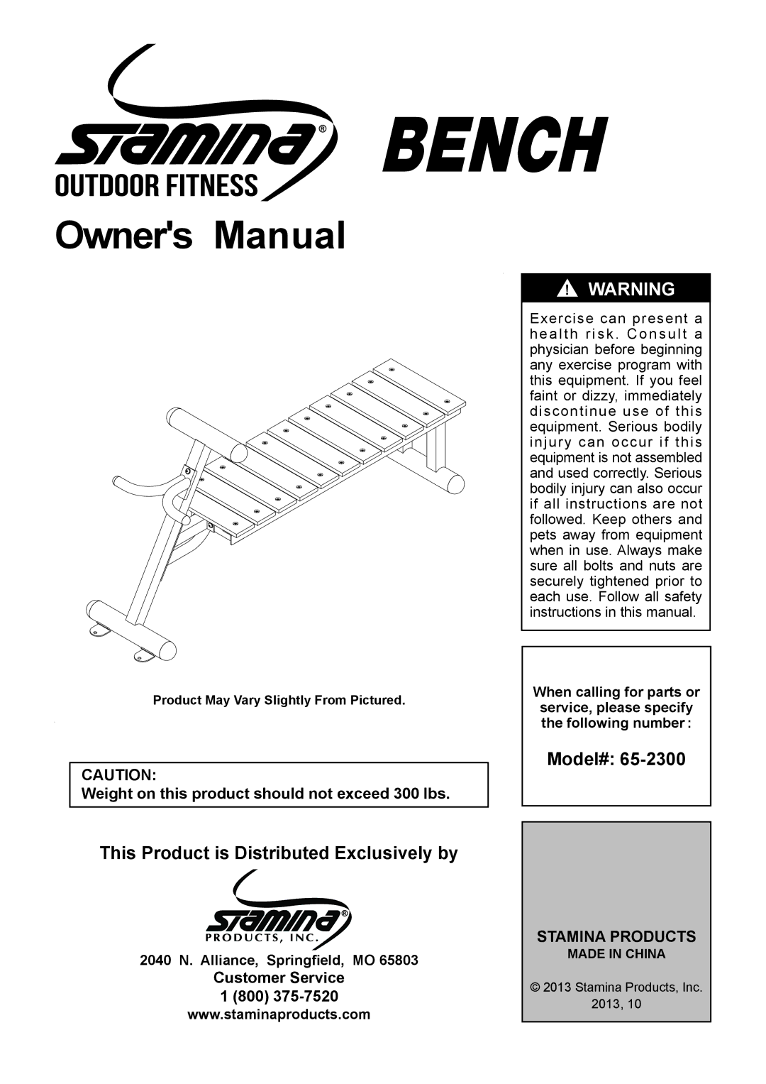 Stamina Products 65-2300 owner manual Weight on this product should not exceed 300 lbs, Customer Service 800 