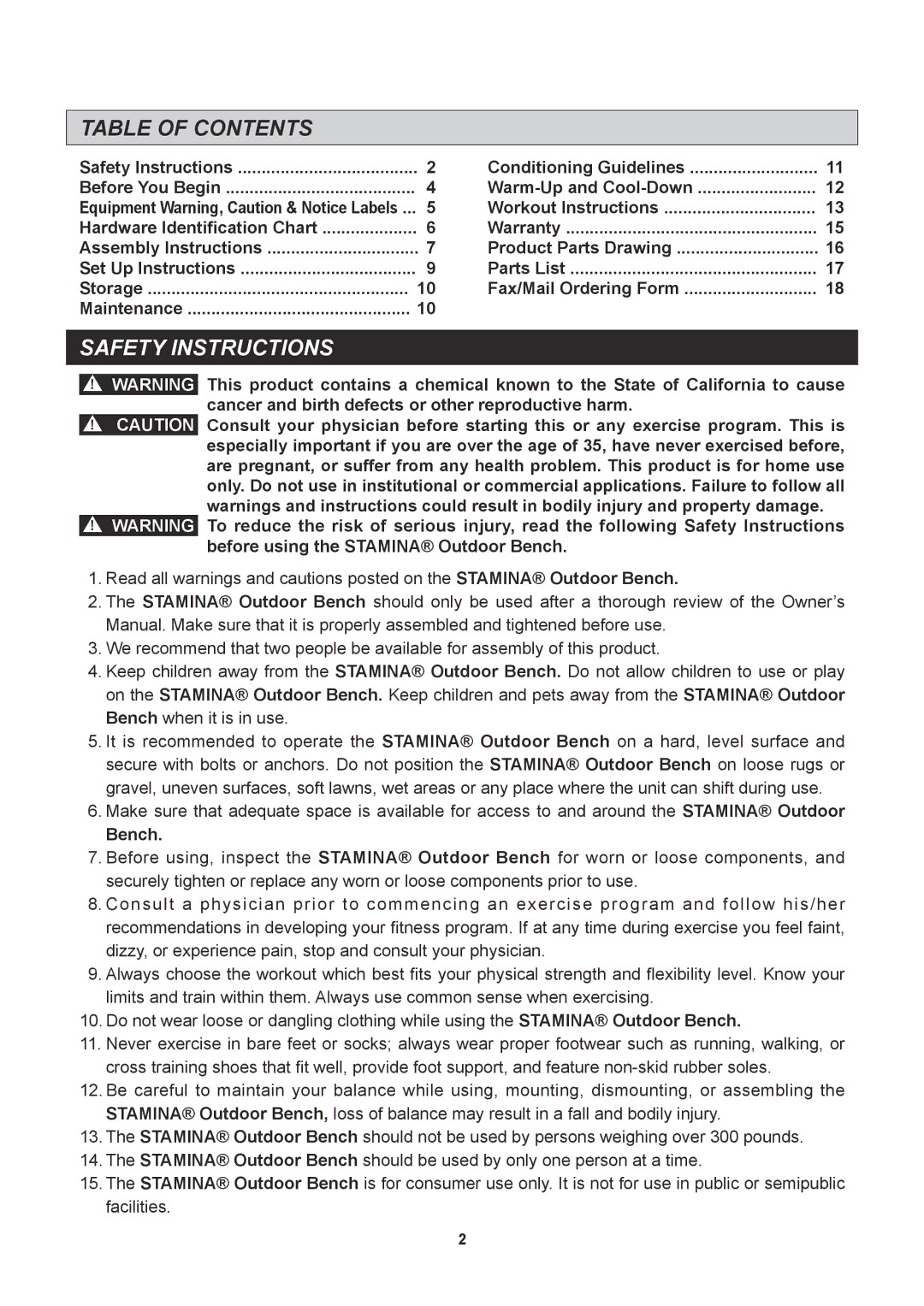 Stamina Products 65-2300 owner manual Table of Contents, Safety Instructions 