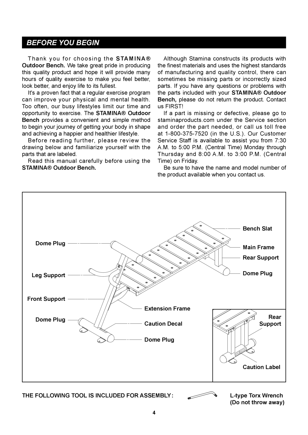 Stamina Products 65-2300 owner manual Before YOU Begin, Stamina Outdoor Bench 