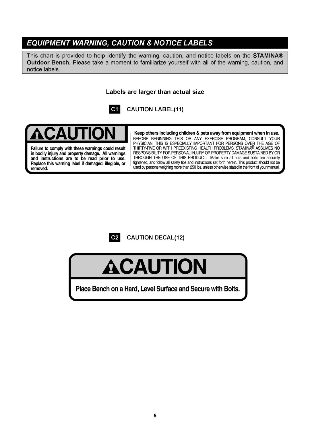 Stamina Products 65-2300 owner manual Equipment WARNING, Caution & Notice Labels, Labels are larger than actual size 