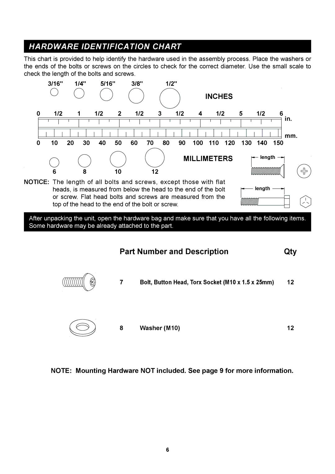 Stamina Products 65-2300 owner manual Hardware Identification Chart, Millimeters 