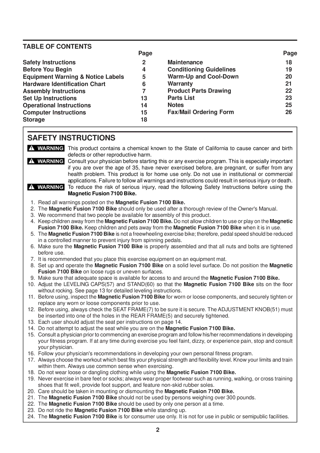 Stamina Products 7100 owner manual Safety Instructions, Table of Contents 