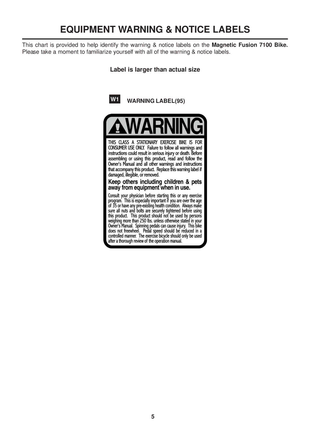 Stamina Products 7100 owner manual Equipment Warning & Notice Labels 