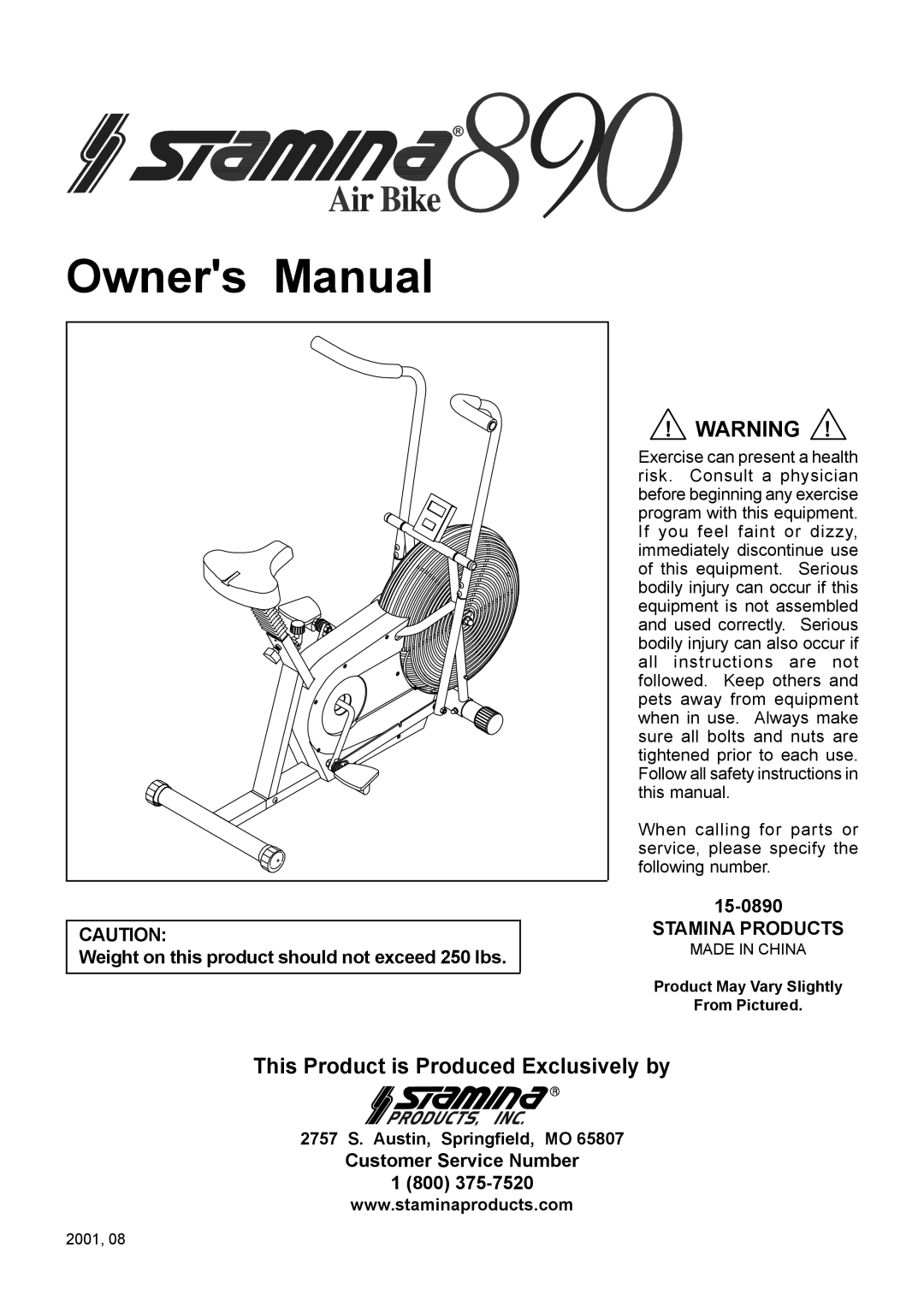 Stamina Products owner manual This Product is Produced Exclusively by, 15-0890, Stamina Products 