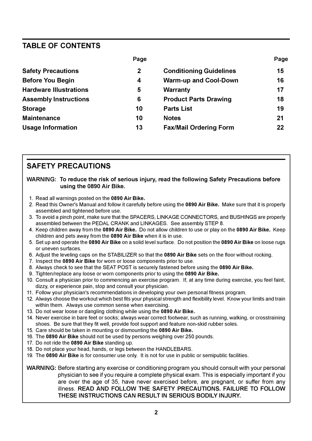 Stamina Products 890 owner manual Table of Contents, Safety Precautions 