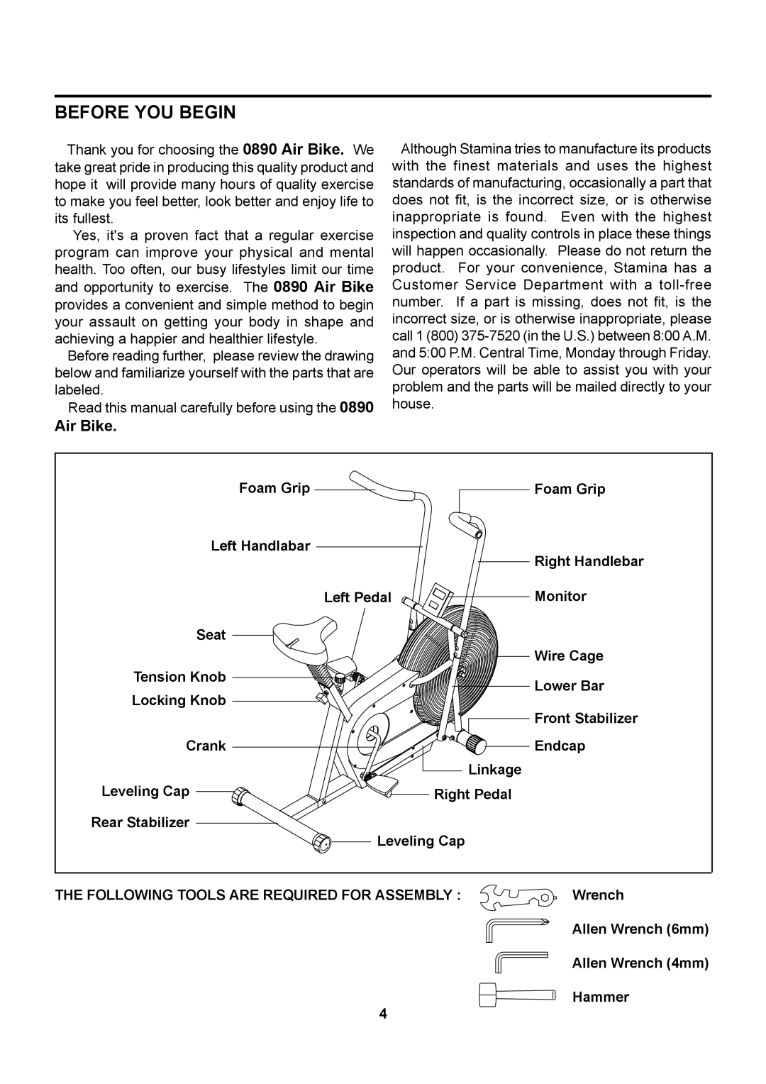 Stamina Products 890 owner manual Before YOU Begin, Air Bike 