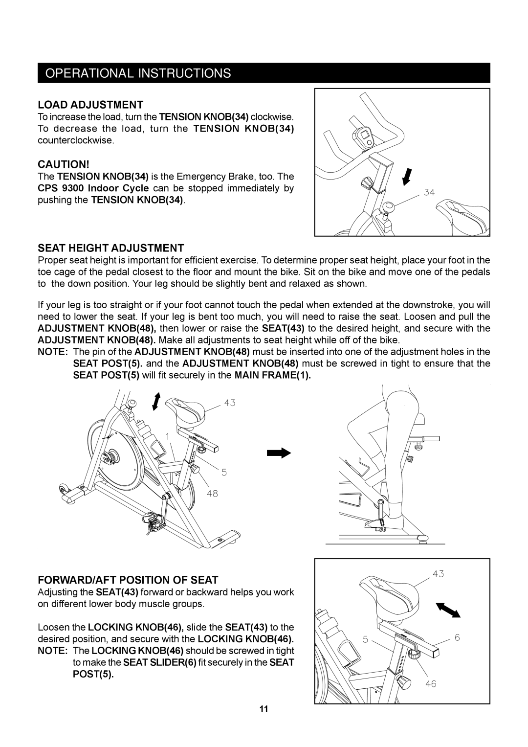 Stamina Products 15-9300 Operational Instructions, Load Adjustment, Seat Height Adjustment, FORWARD/AFT Position of Seat 