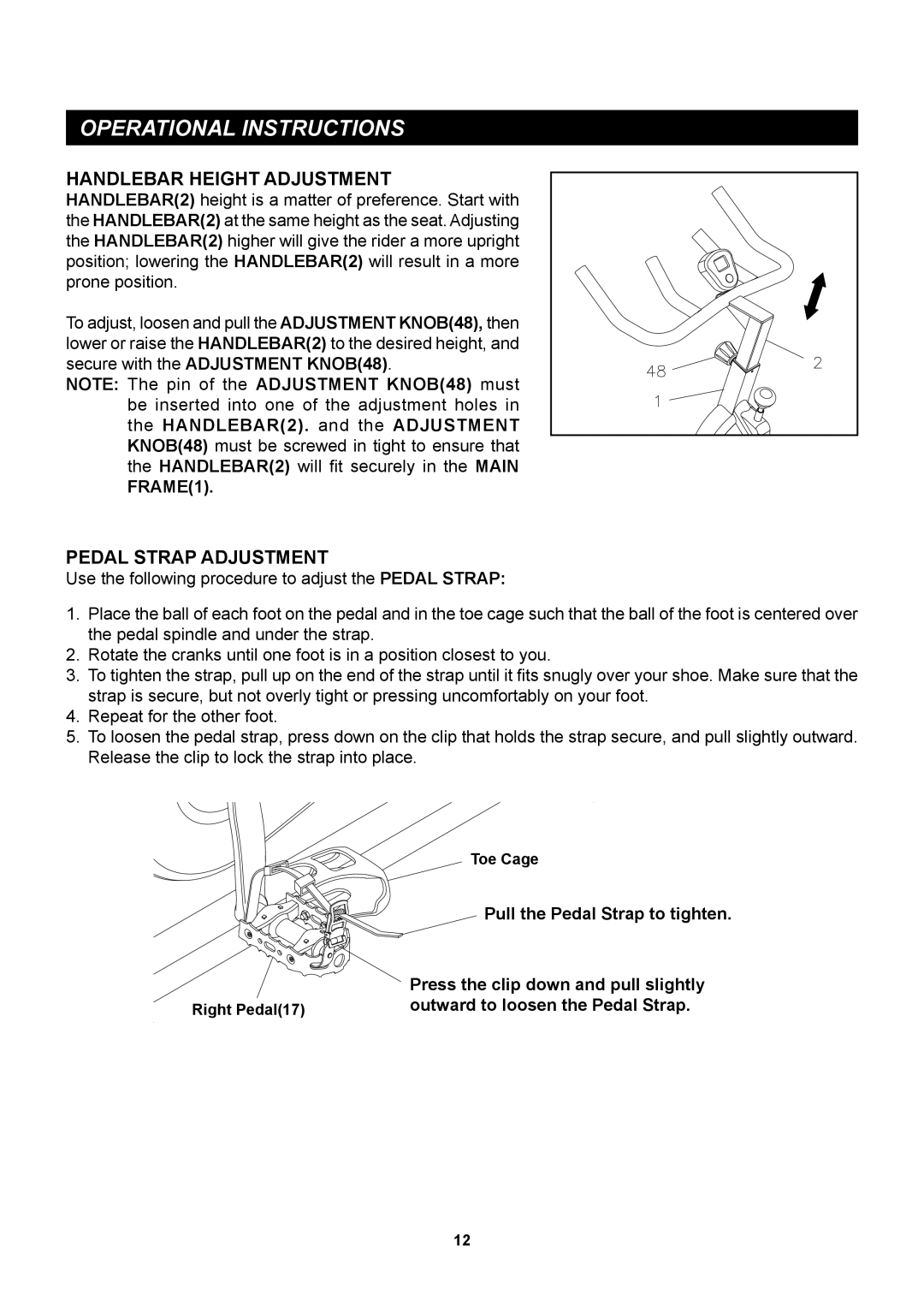 Stamina Products 15-9300 owner manual Handlebar Height Adjustment, Pedal Strap Adjustment 