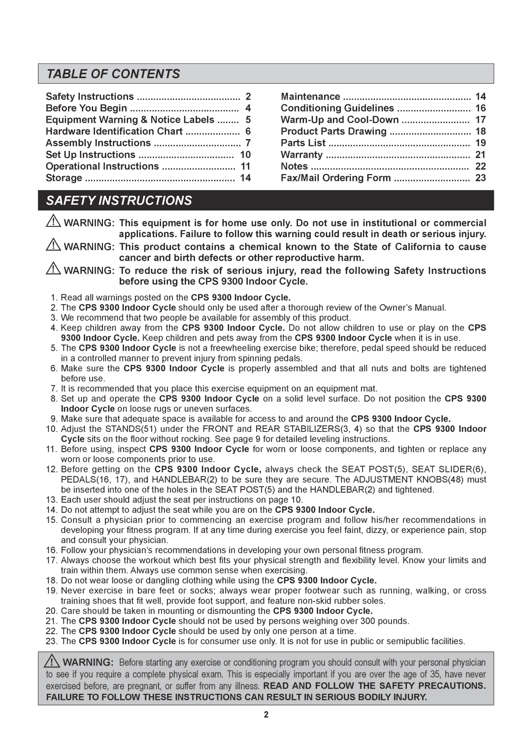 Stamina Products 15-9300 owner manual Table of Contents, Safety Instructions 