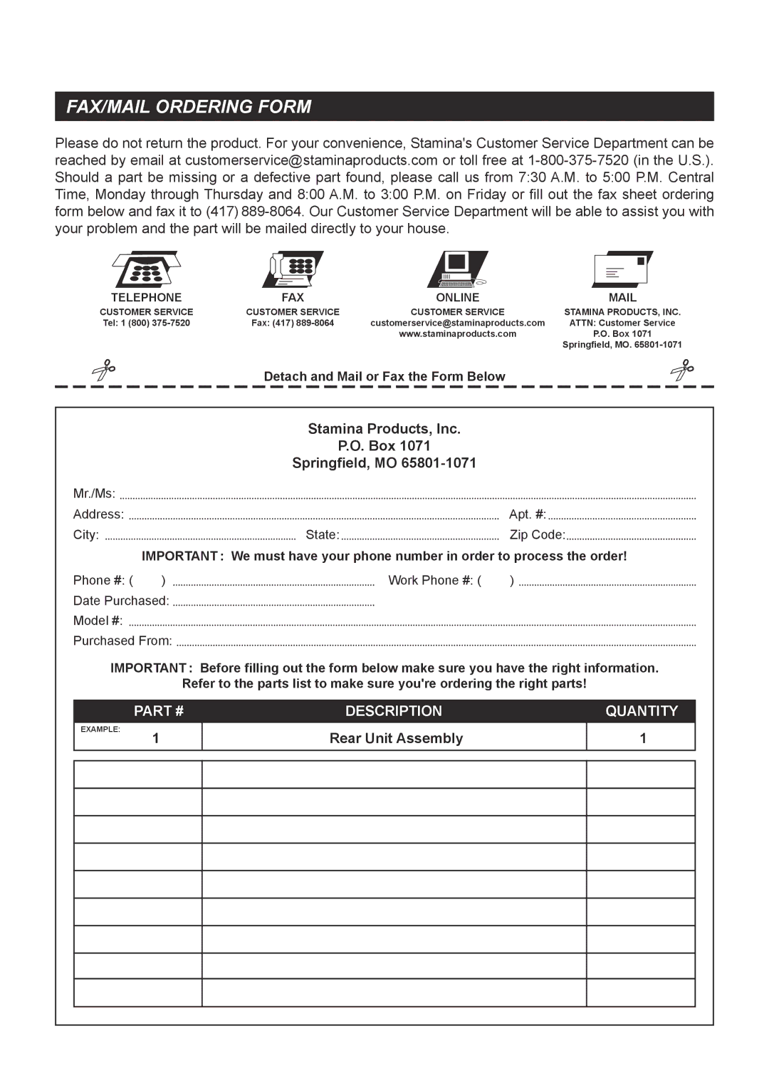 Stamina Products 15-9300 owner manual FAX/MAIL Ordering Form, Stamina Products, Inc Box Springfield, MO 