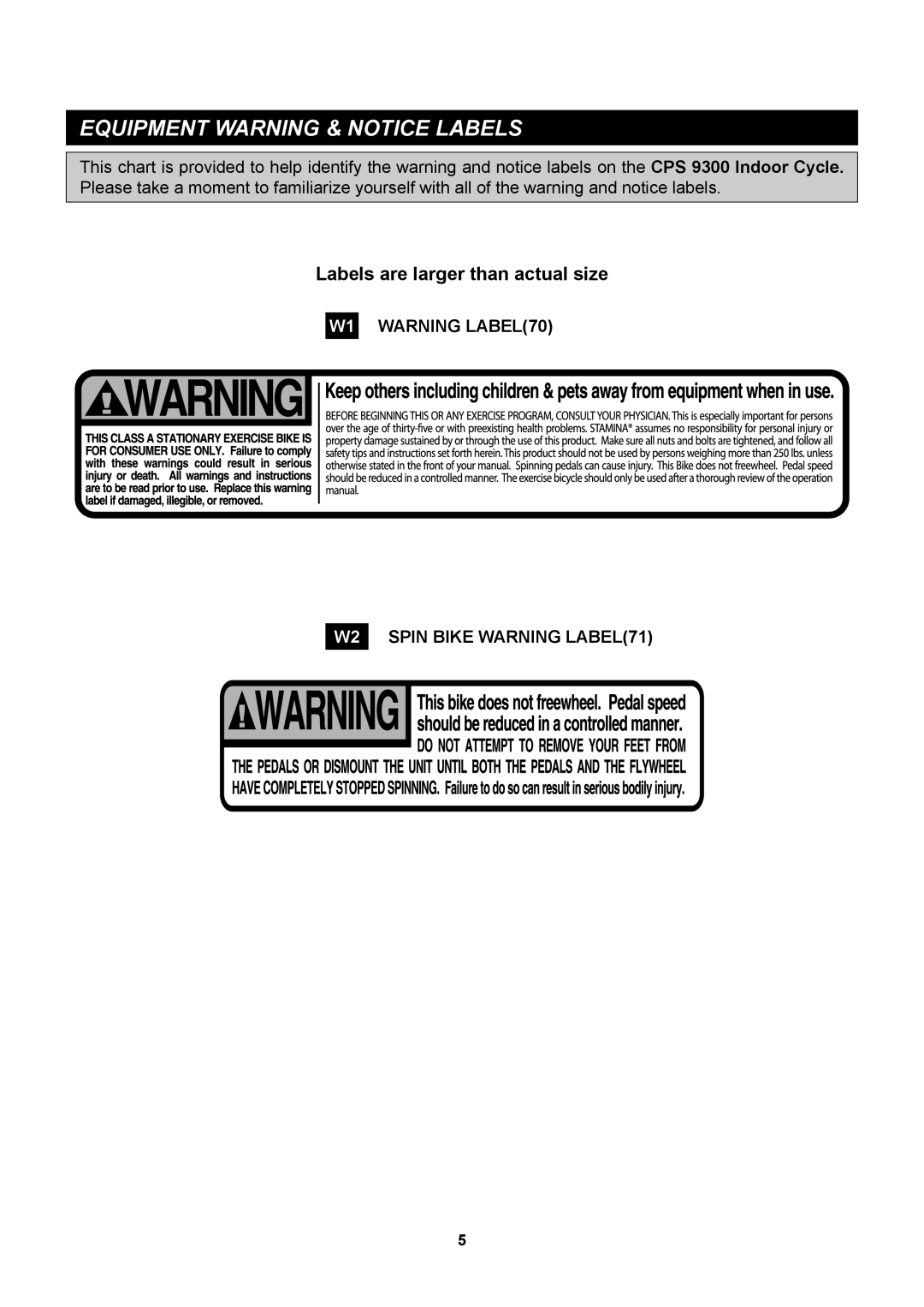 Stamina Products 15-9300 owner manual Equipment Warning & Notice Labels 