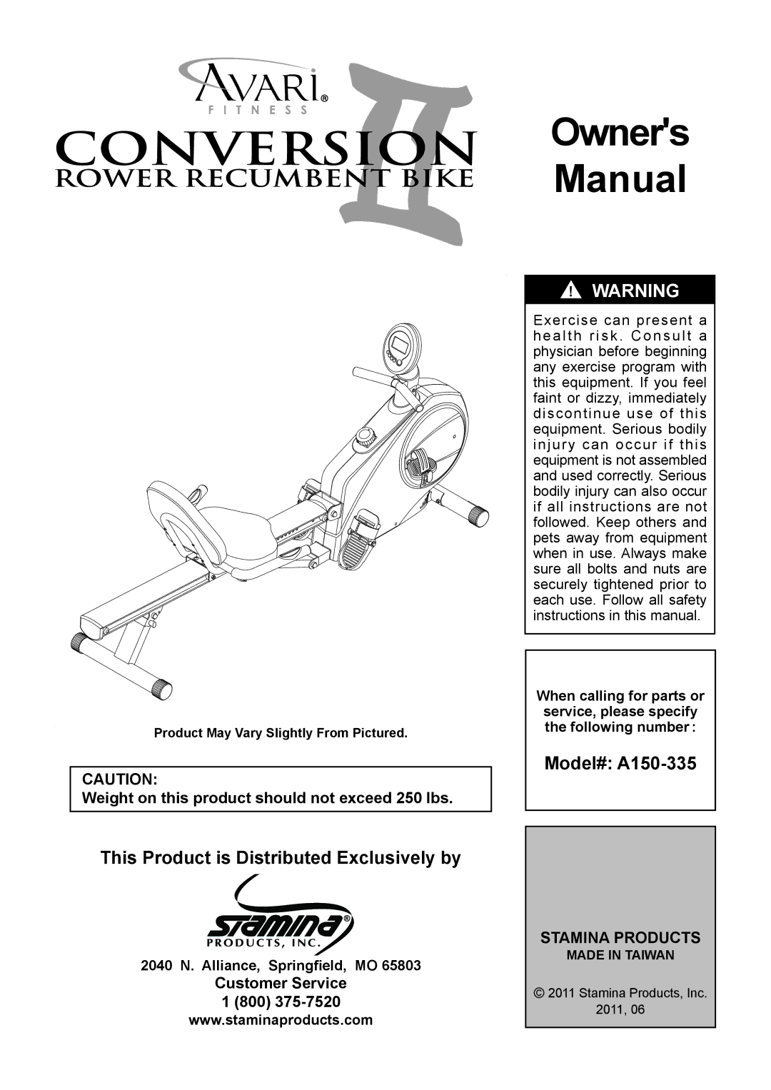 Stamina Products A150-335 owner manual This Product is Distributed Exclusively by, Stamina Products 