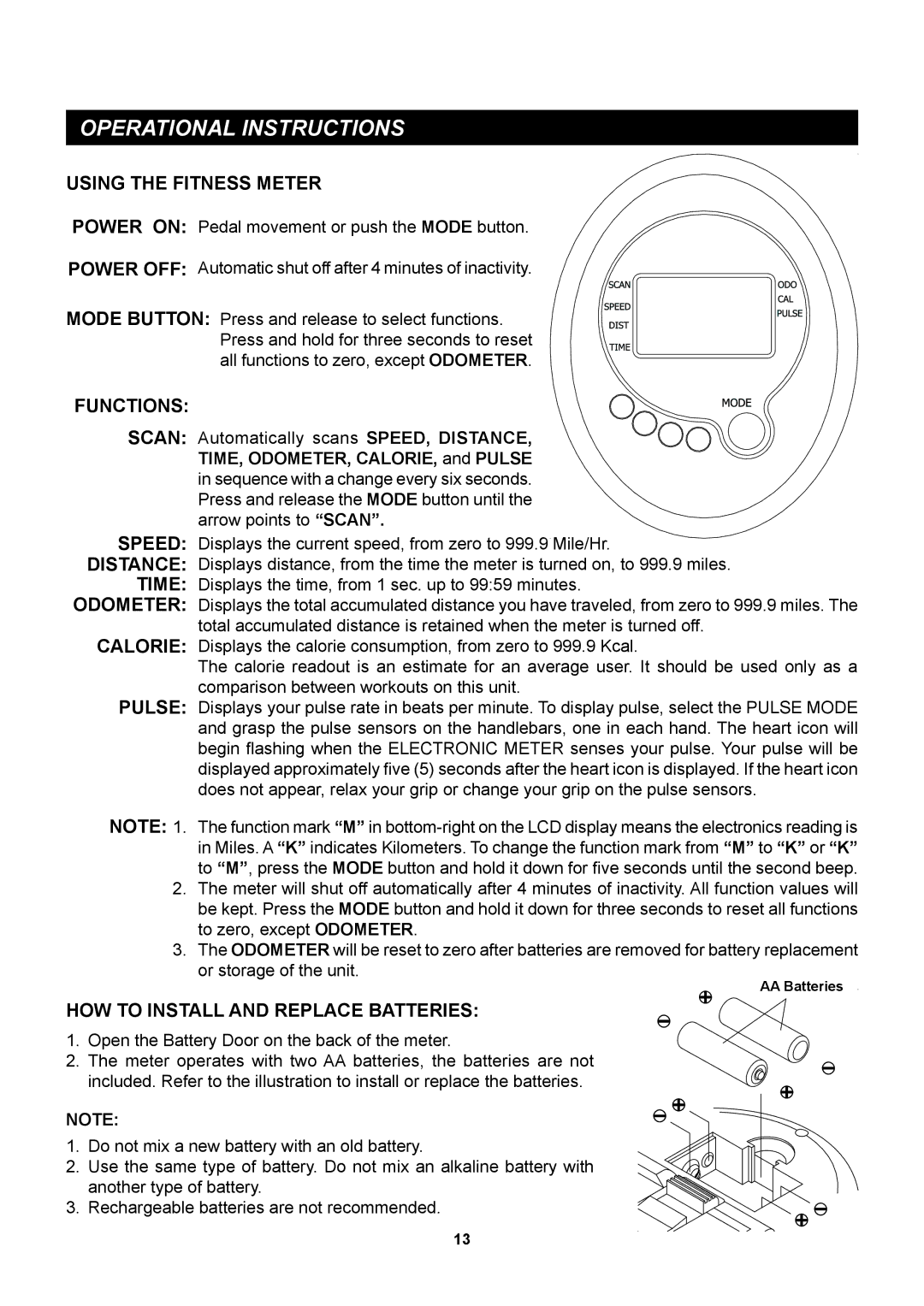 Stamina Products A150-335 owner manual Operational Instructions, Using the Fitness Meter, Functions 