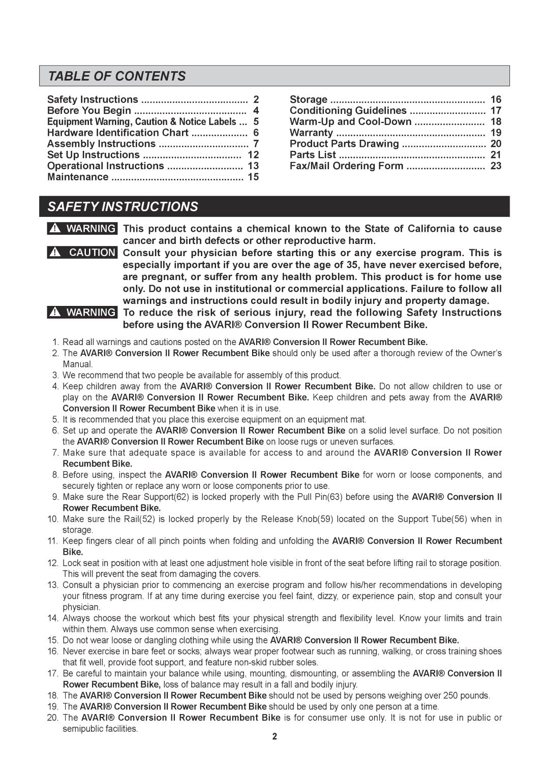 Stamina Products A150-335 owner manual Table of Contents, Safety Instructions 