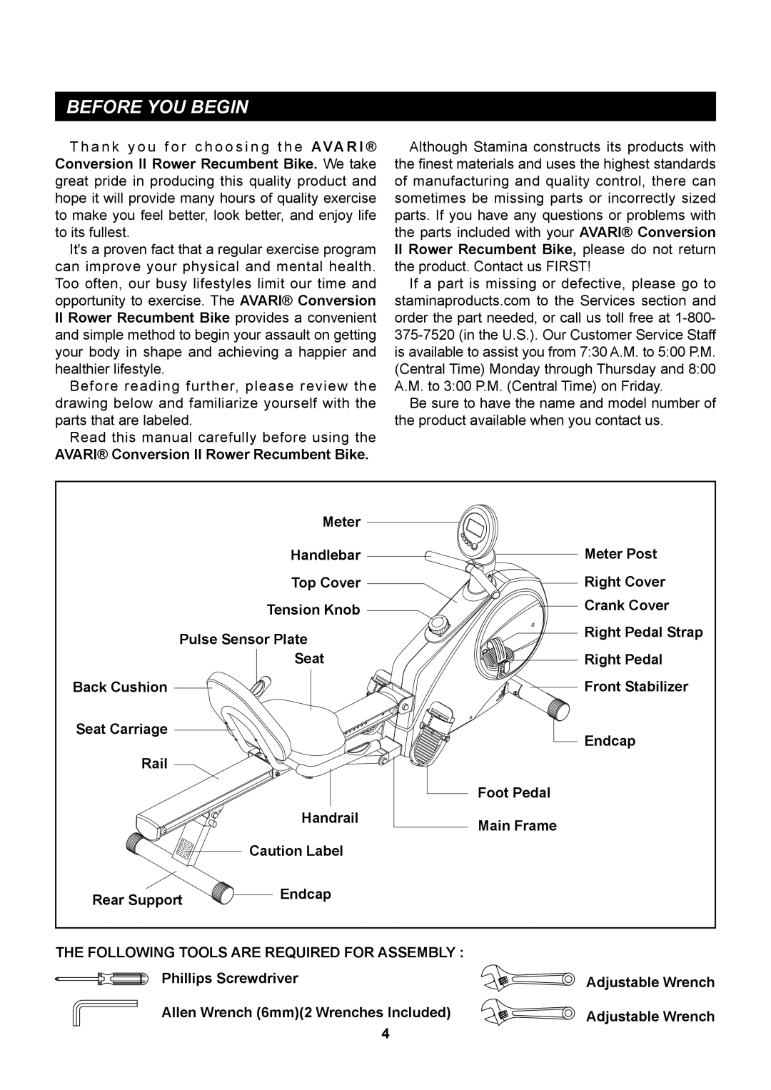 Stamina Products A150-335 owner manual Before YOU Begin, Avari Conversion II Rower Recumbent Bike 